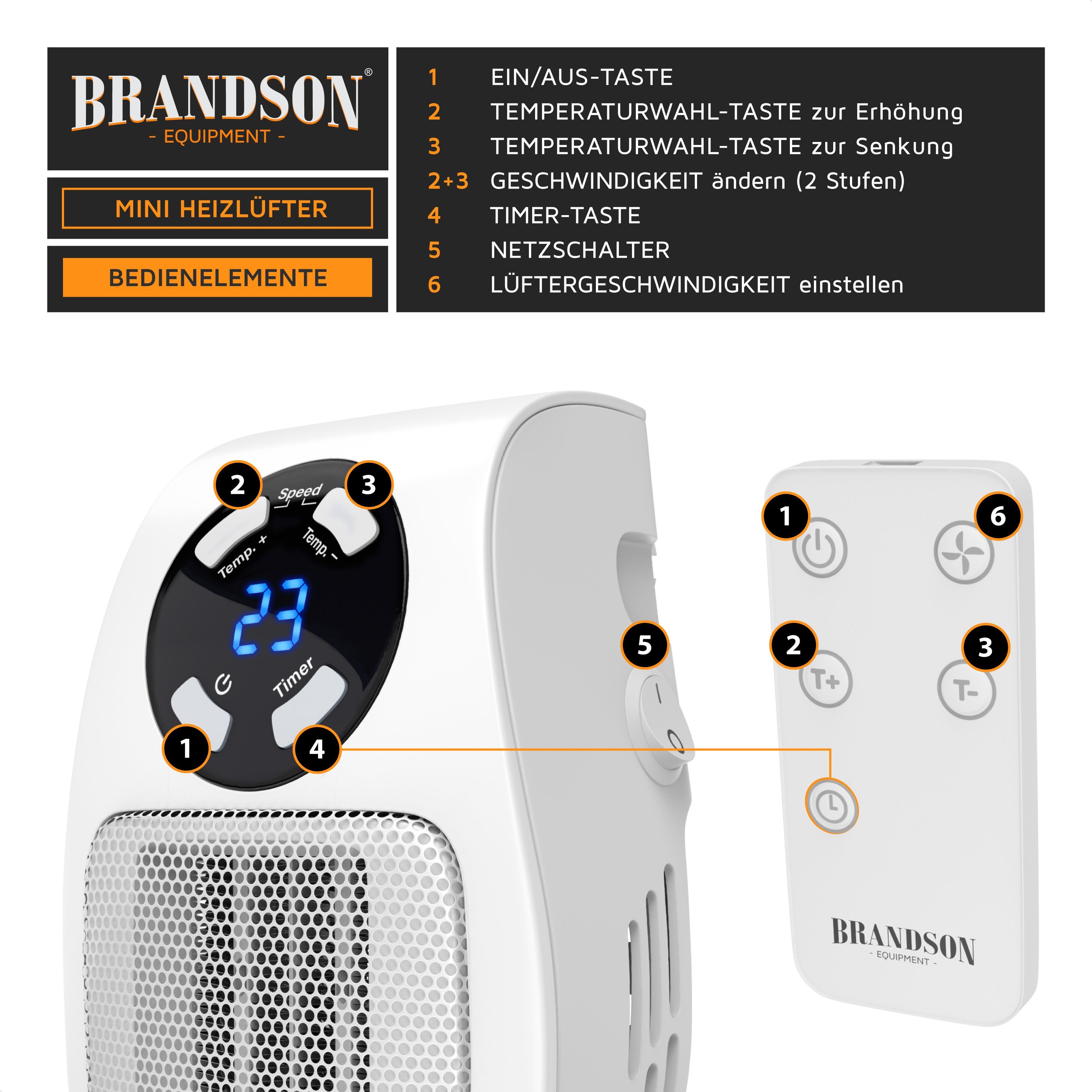 Brandson Keramikheizlüfter, 500 W, Steckdosen Mini Heizlüfter mit Temperaturregelung & Fernbedienung