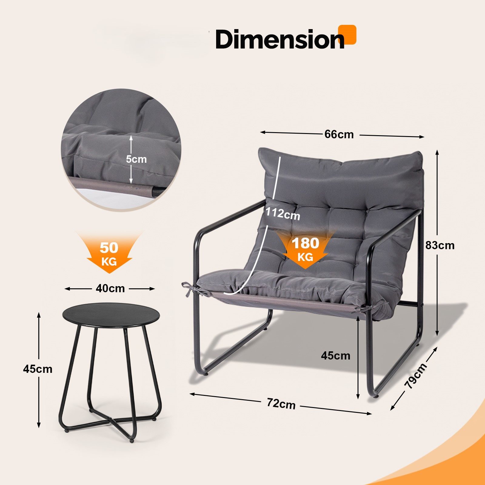 VINGLI Balkonset Gartenmöbel Set 3 teilig für Indoor und Outdoor, Grau/Weiß – Bild 2 von 5
