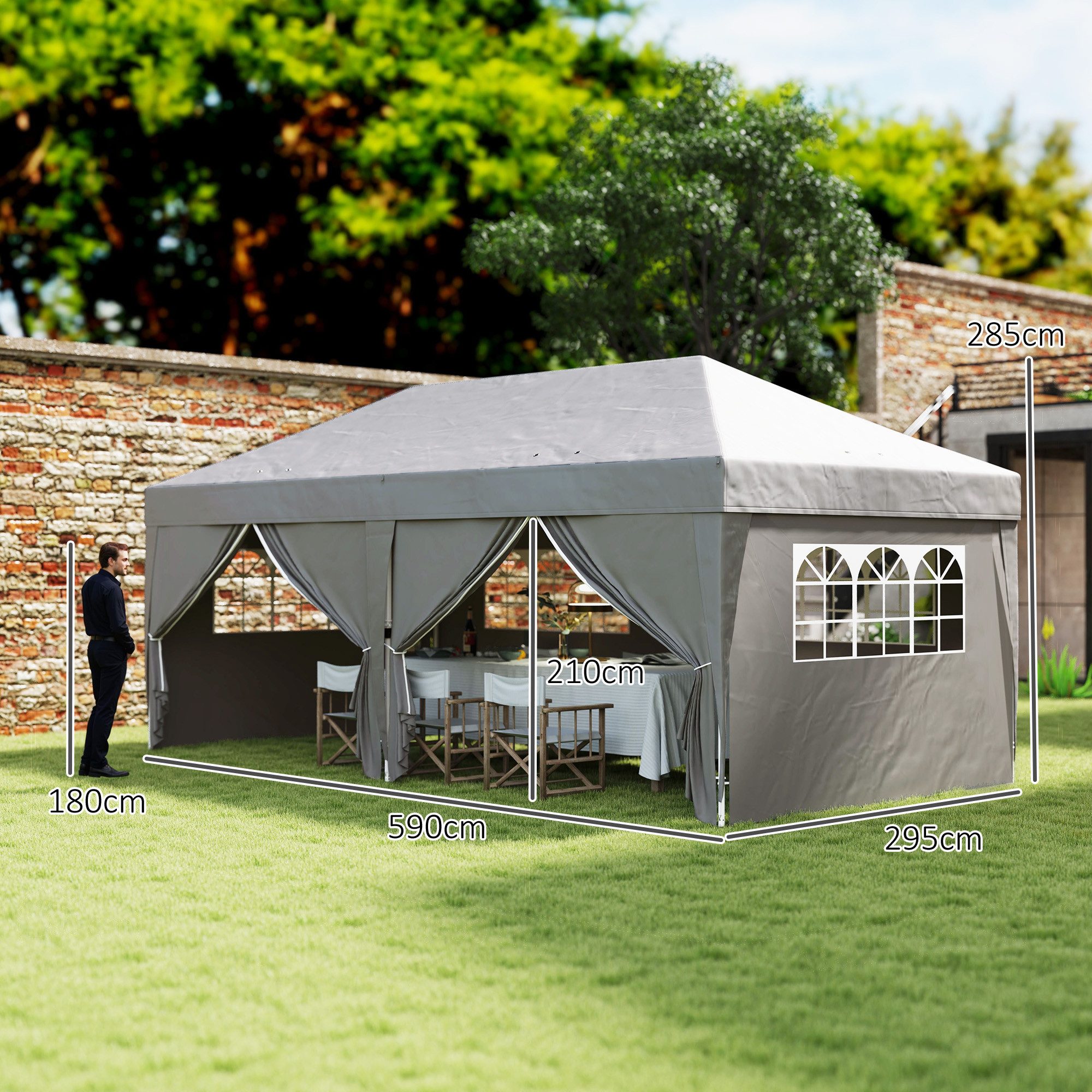 Outsunny Faltpavillon mit Fenster, Reißverschlusstür, Seitenteilen, UV Schutz, mit 6 Seitenteilen, (Pavillon, Faltpavillon), für Camping Garten Festival, Grau