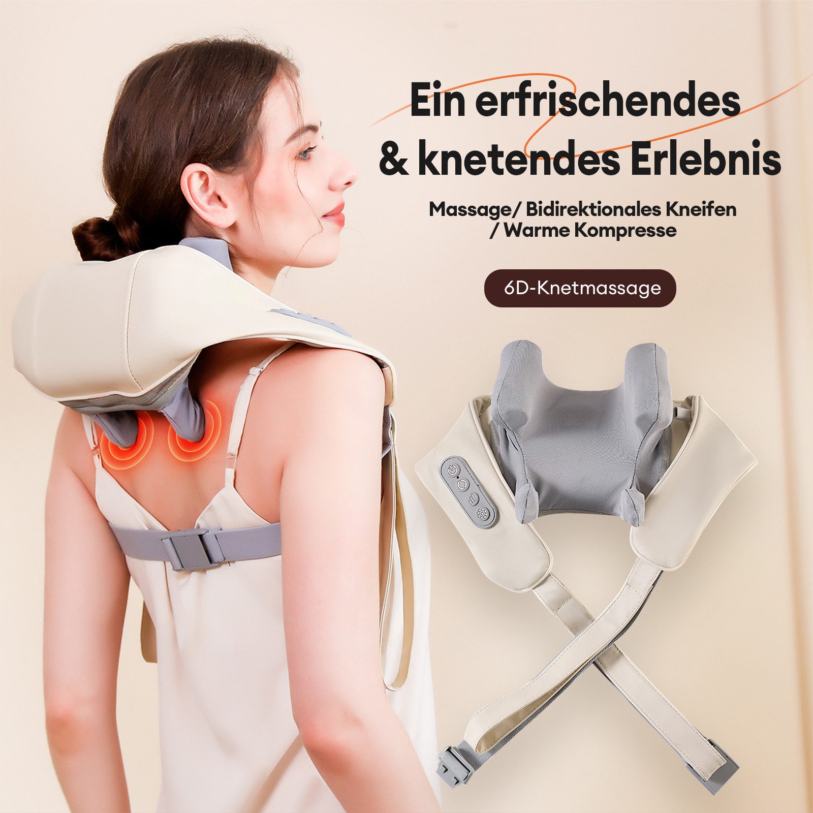 CkeyiN Nacken-Massagegerät mit Wärmefunktion, 4 Massageköpfe Nacken- und Schulter-Massagegerät, 2 Intensitätsstufen Kabelloses Shiatsu 6D Massagegerät für Nacken