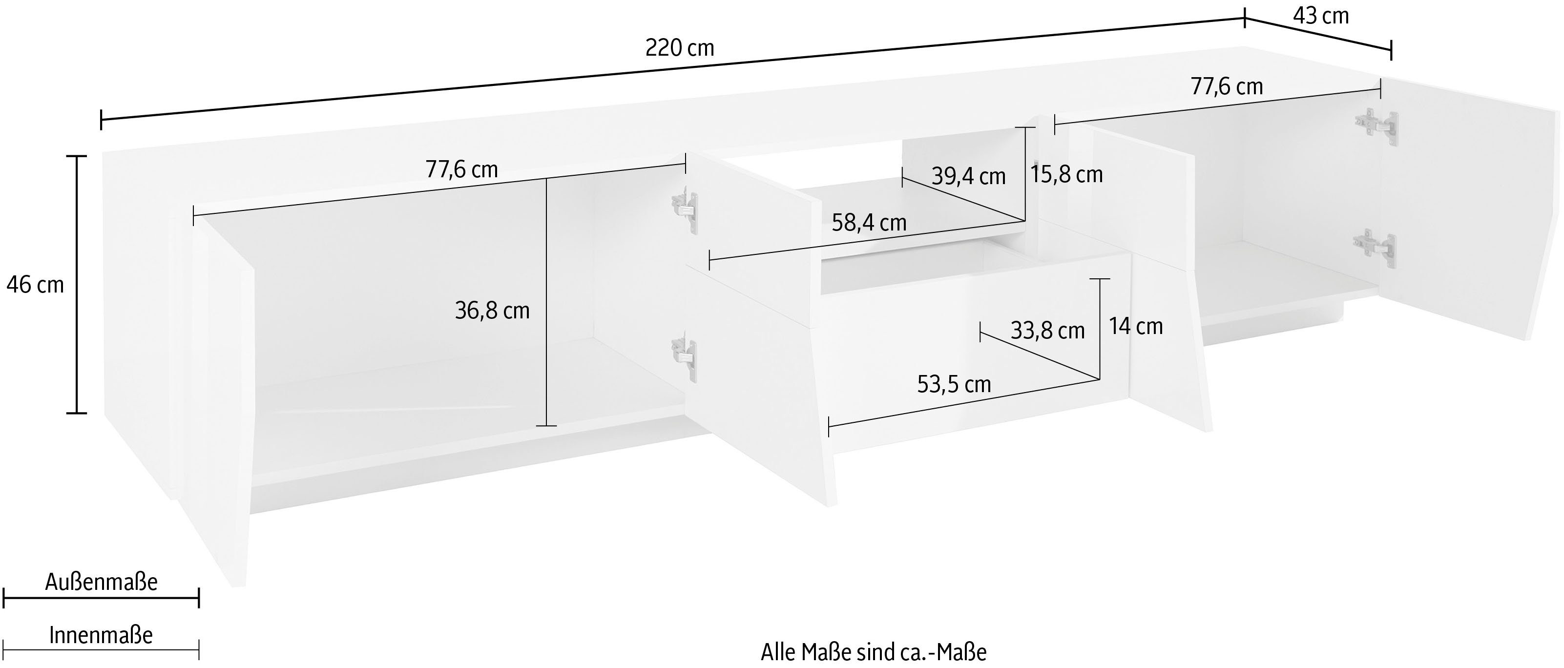 Home affaire Lowboard ALIEN- TV-Board, mit 4 Türen, 1 Schublade und 1 offenes Fach, TV-Kommode Breite ca. 220 cm "Made in Italy"