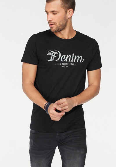 TOM TAILOR Denim Rundhalsshirt mit Markendruck in used Optik