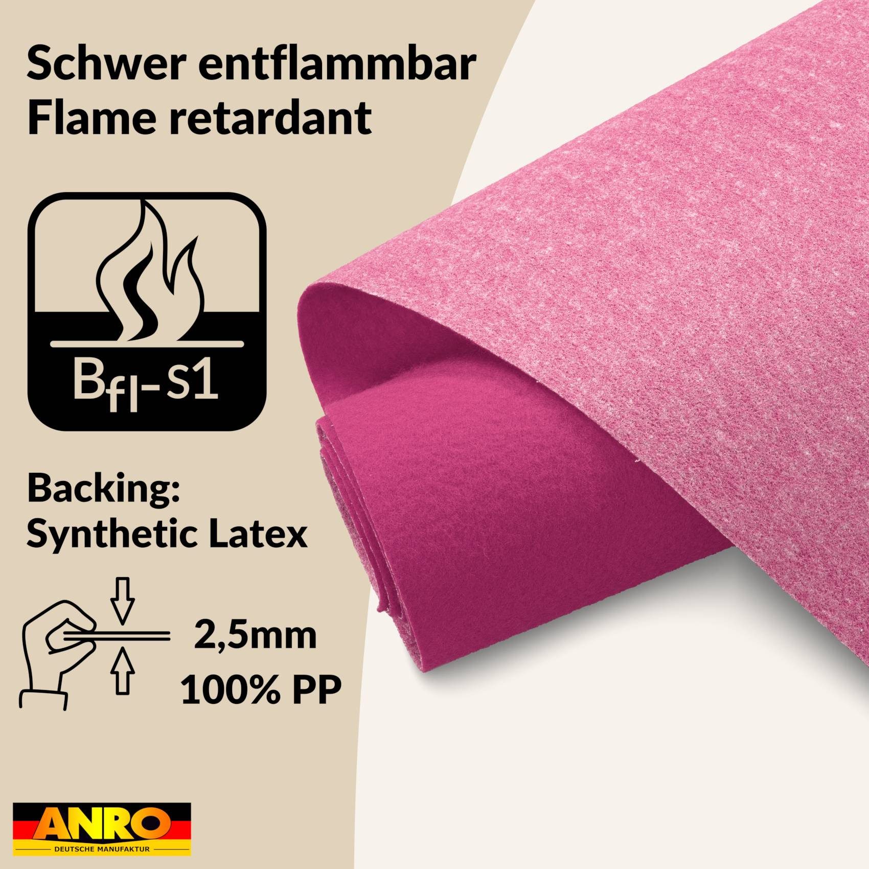ANRO Teppich AXEL Eventteppich BFl-S1 Uni Messeteppich Läufer, Rechteckig, Höhe: 3 mm, schwer entflammbar Läufer 100x60cm Einfarbig Magenta