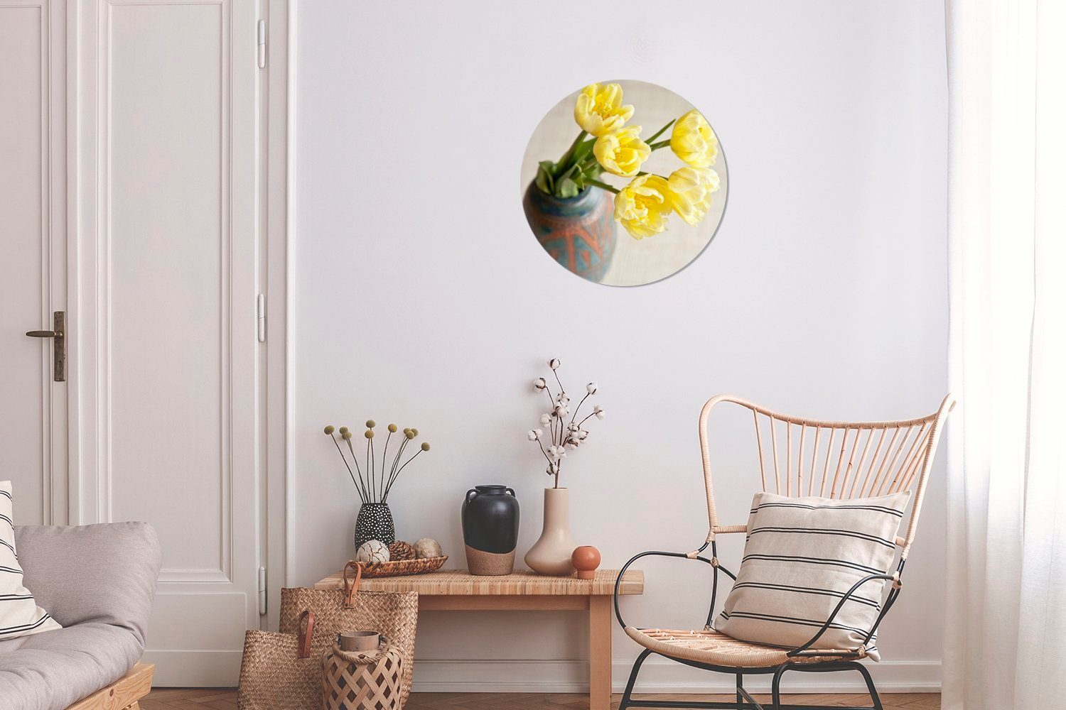 Wohnzimmer, in MuchoWow cm Forex, (1 Wanddekoration Rundes Kreis Steinvase, St), Wandbild, Tulpen Gemälde 30x30 Gelbe einer