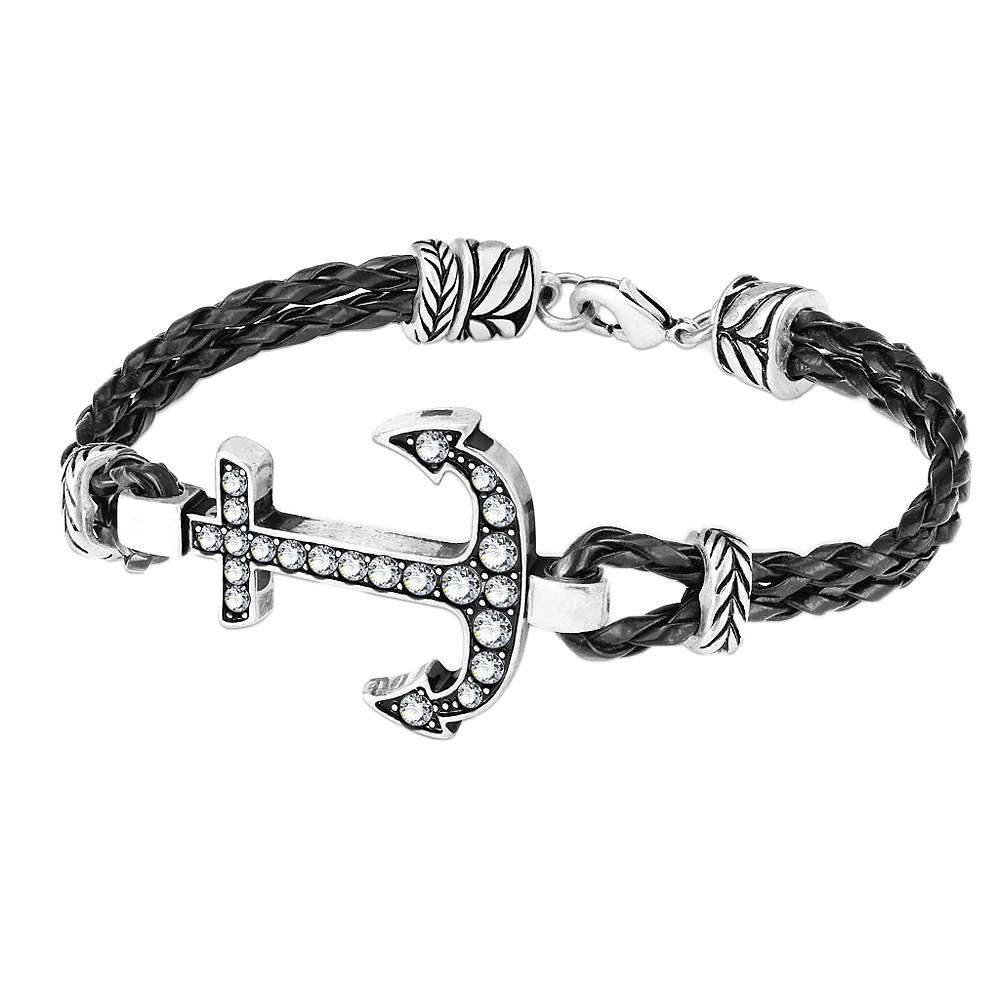 Taffstyle Armband Anker Armband Schwarz Kunstleder Kristalle Unisex maritimer Schmuck (Modisches Kunstlederarmband mit funkelndem Anker aus Kristallen - tolle Geschenkidee)
