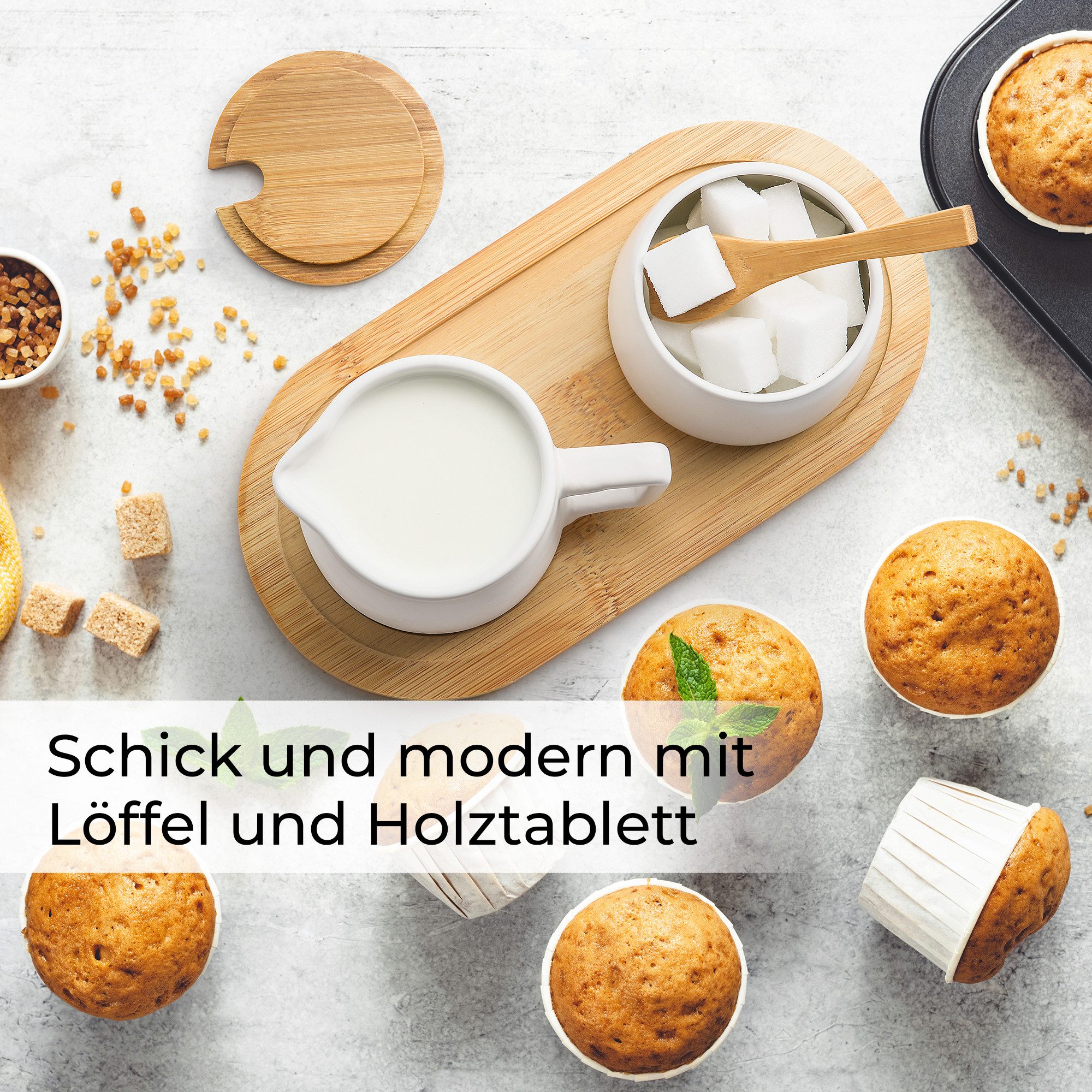 MiaMio Milch- und Zuckerset Milch und Zucker Set mit Deckel, Löffel & Milchkännchen