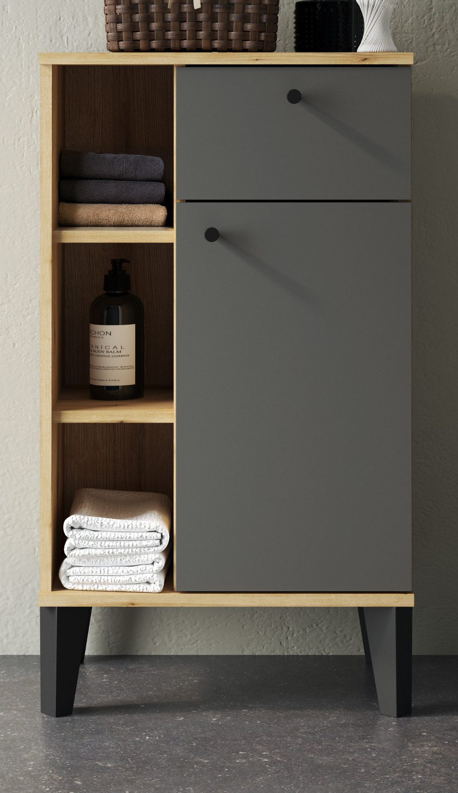 Furn.Design Badkommode Torsby (Badschrank in Evoke Eiche mit grau, 51 x 90 cm), mit 5 Fächern