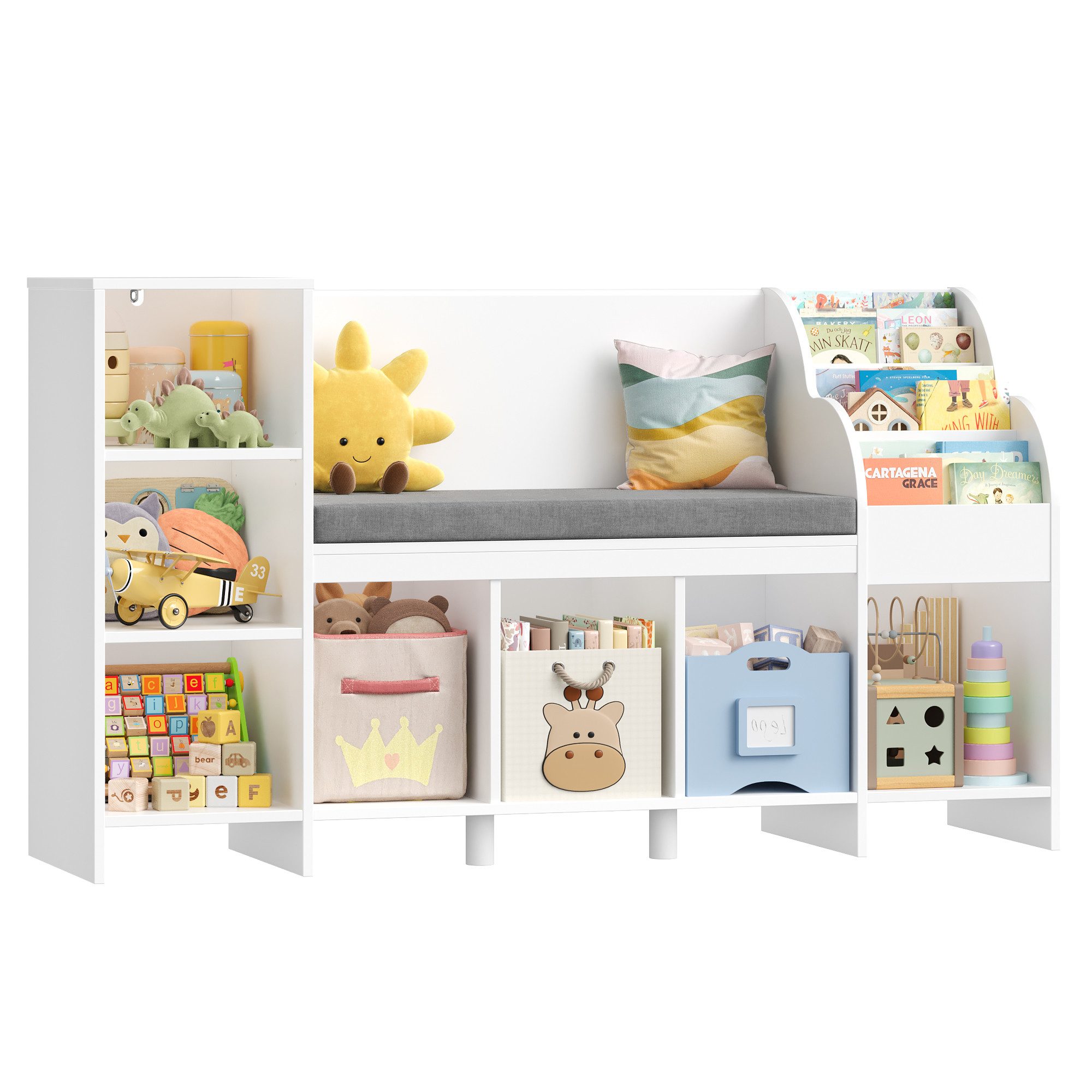 HOMECHO Spielzeugtruhe, Bücherregal Kinder mit Kissen und 7 Ablagefächern Weiß