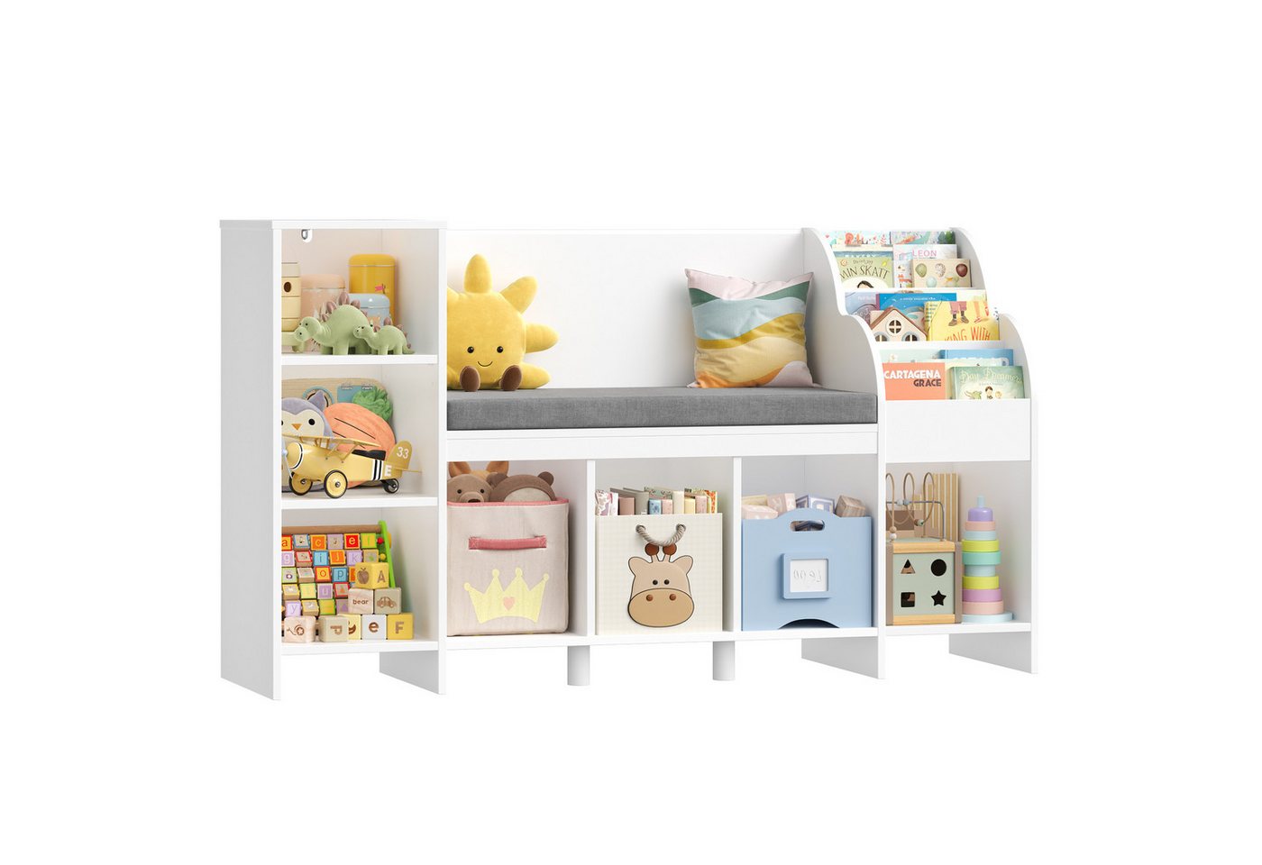 HOMECHO Spielzeugtruhe, Bücherregal Kinder mit Kissen und 7 Ablagefächern Weiß