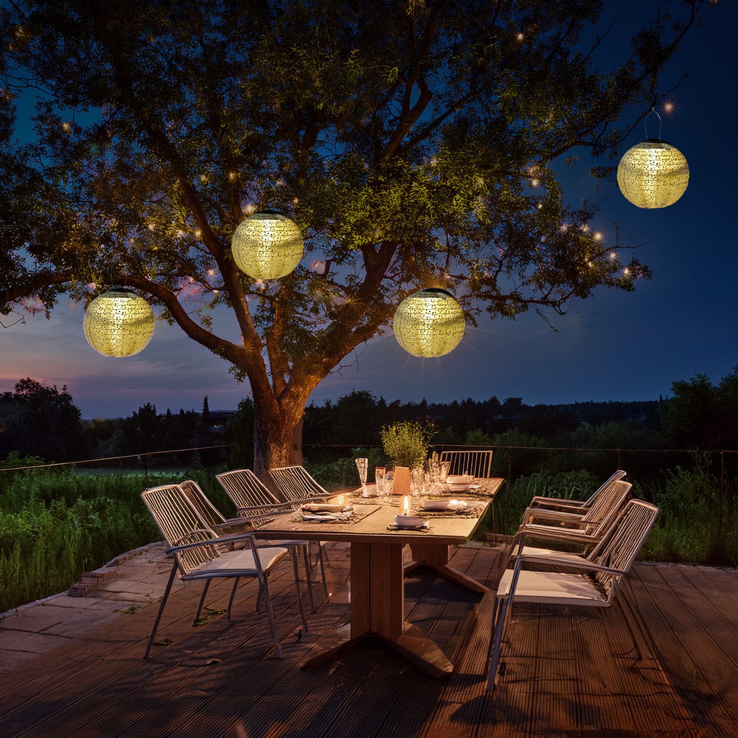 MARELIDA LED Lampion Solar Gartenlampion mit Blumenmuster beige 25cm Party Balkon Terrasse, LED Classic, warmweiß (2100K bis 3000K)