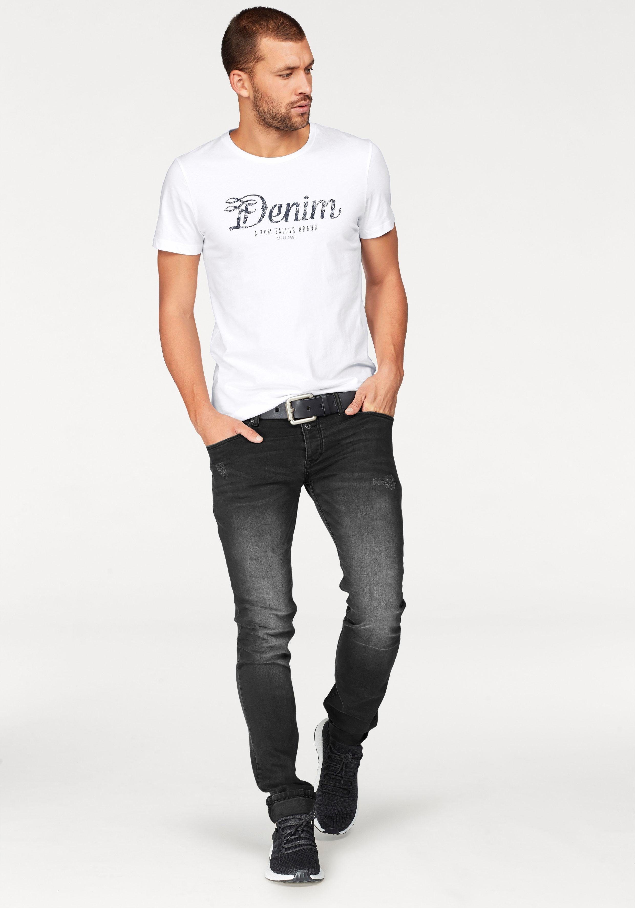 Herren Shirts TOM TAILOR Denim Rundhalsshirt mit Markendruck in used Optik