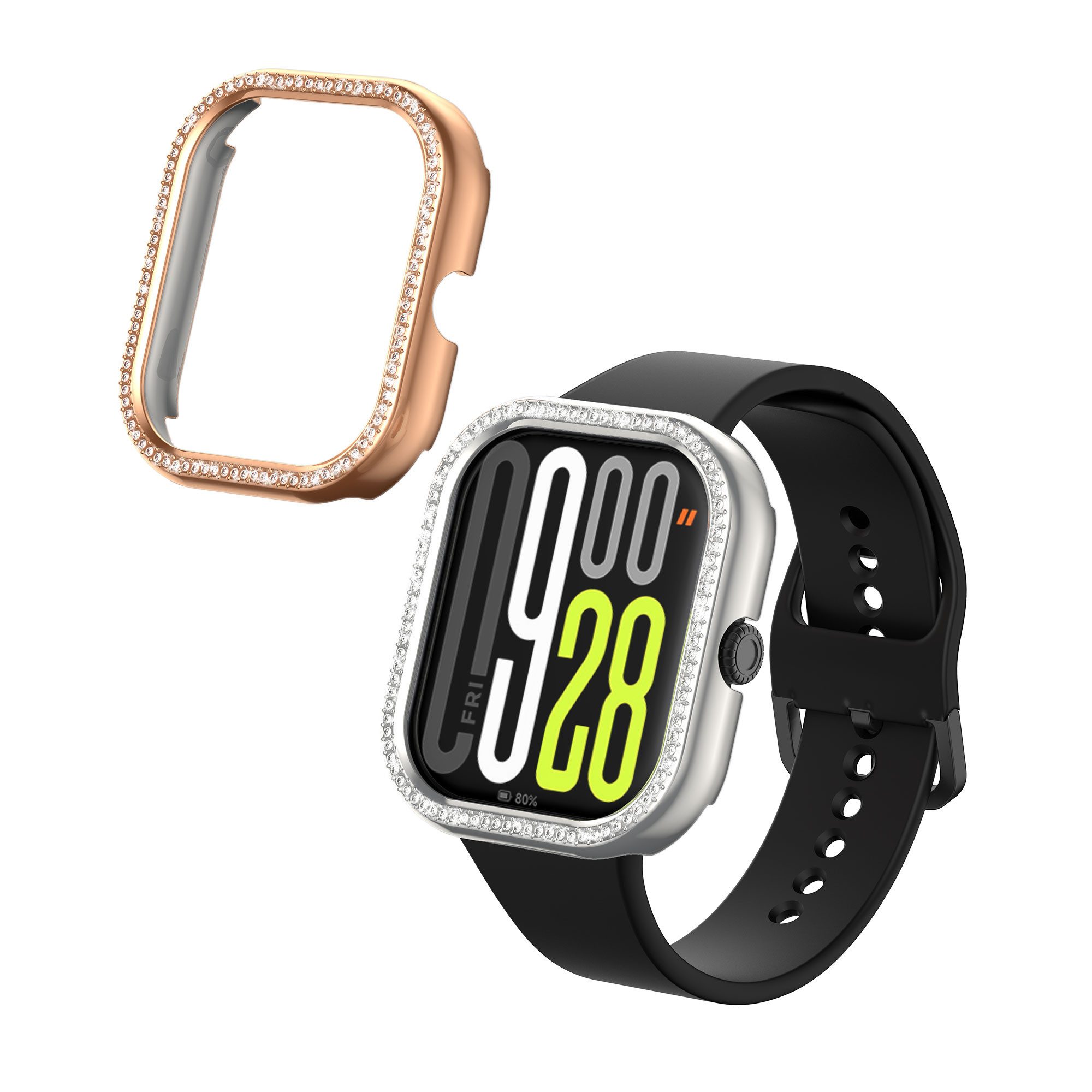 kwmobile 2x Kunststoff Hülle für Xiaomi Redmi Watch 4 / Watch 5 / Watch 5 eSIM Smartwatch, 2-tlg., Schutzrahmen - Glitzer Schutzhülle in Silber Rosegold