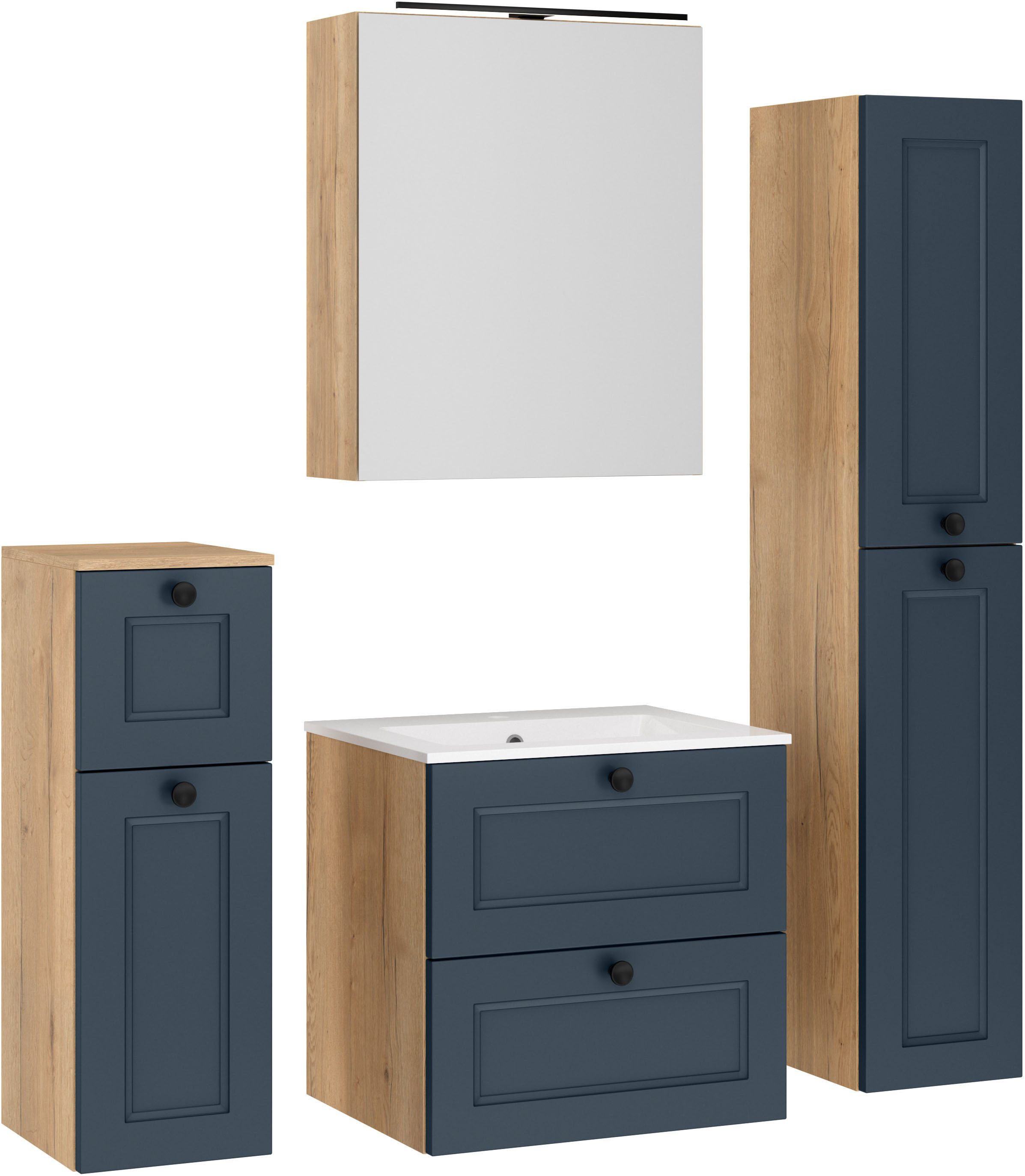 nobilia® Badmöbel-Set Cascada, (Set, 4-St., mit Waschbecken, inkl. Spiegelschrank mit Beleuchtung), vormontiert, mit Soft-Close, in vier Breiten