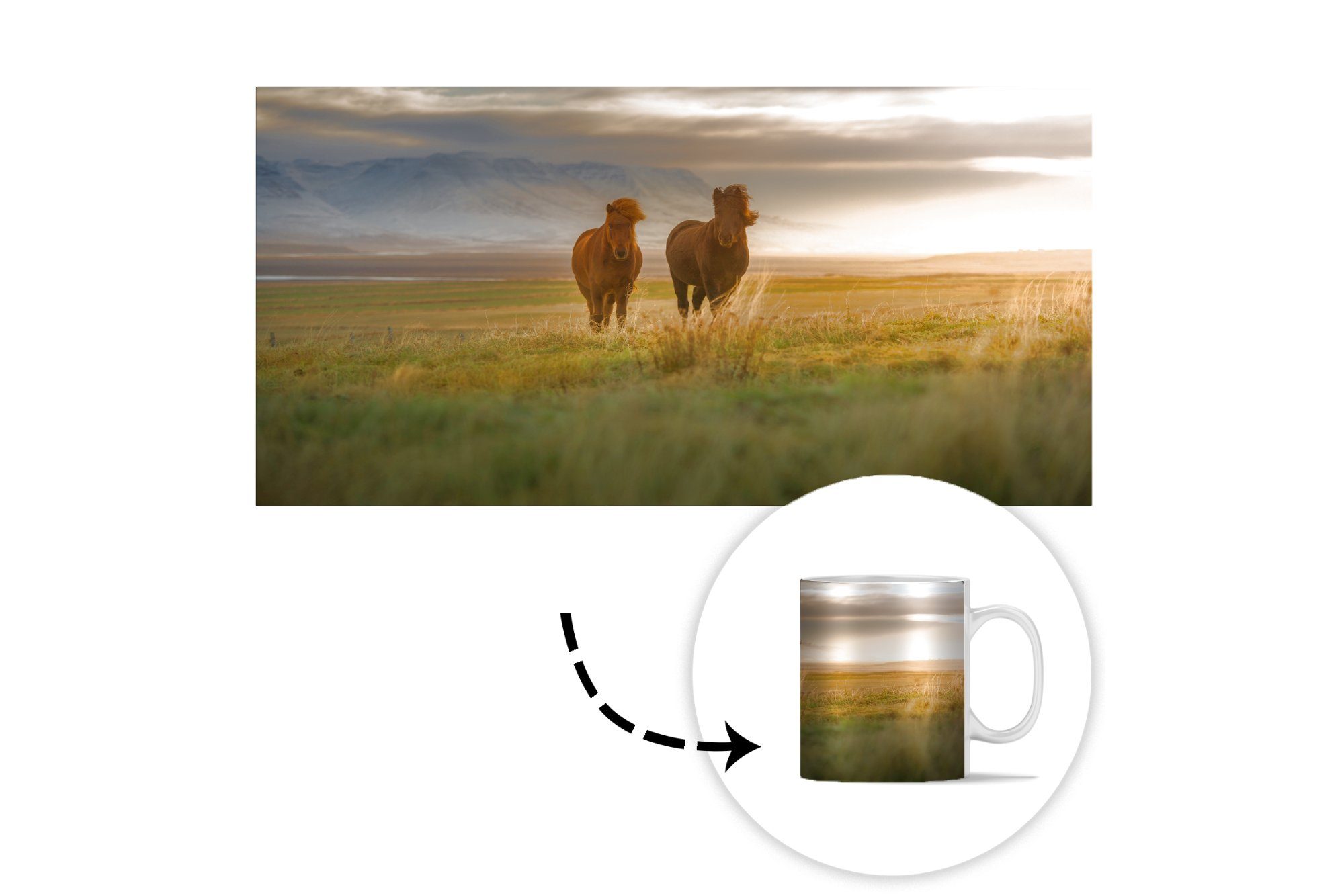 Keramik, Geschenk MuchoWow einer Kaffeetassen, Wiese Becher, auf Teetasse, Teetasse, grünen Tasse Isländerpferde Sonnenuntergang, bei