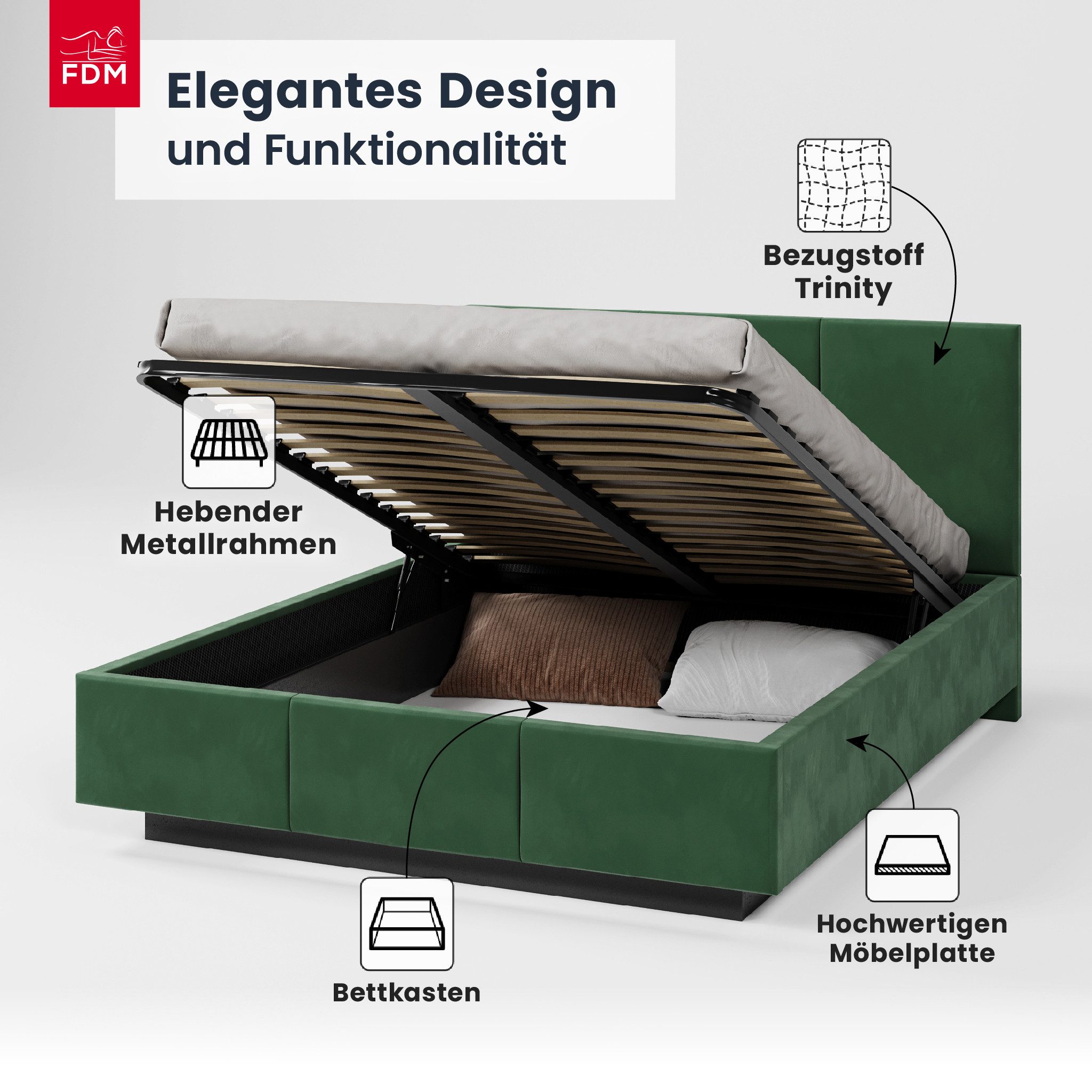 FDM Polsterbett ALMADA modern mit Bettkasten MADE IN EU - mit Trinity Velours Bezug (verfügbar 90x200 120x200 140x200 160x200 180x200cm, Bettrahmen, Bett, mit großen gepolsterten Kopfteil, mit Bettkasten zum aufklappen), Hebbarer Metallrahmen, Bettkasten, mit/ohne Matratze