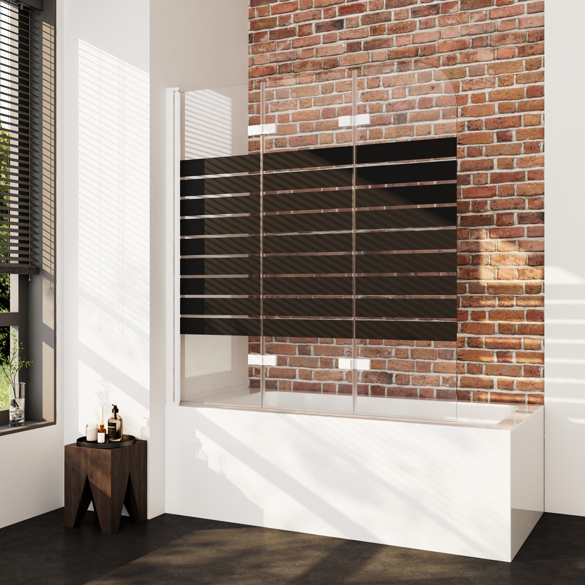 Boromal Badewannenaufsatz 3 teilig Faltwand Duschwand für Badewanne faltbar Badewannenfaltwand, Schwarz Chrom Milchglas Aluprofile, (Badewannenaufsatz Schwarz Weiß Chrom Milchglas, 120x140, 130x140, 140x140, 150x140, 160x140cm), Sicherheitsglas