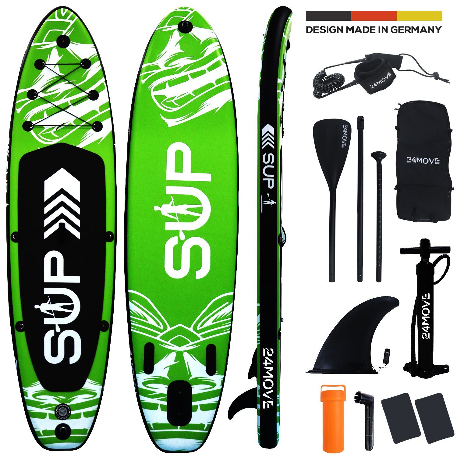 24Move SUP-Board Supboard Set, Premium Stand Up Paddleboard aufblasbar, inkl. Zubehör, Longboard, (Rucksack, Paddel, Action Cam ready, Doppelhub Pumpe, Sicherungsleine, 6 tlg), mit Drop Stich Technologie und Anti-Rutsch Oberfläche