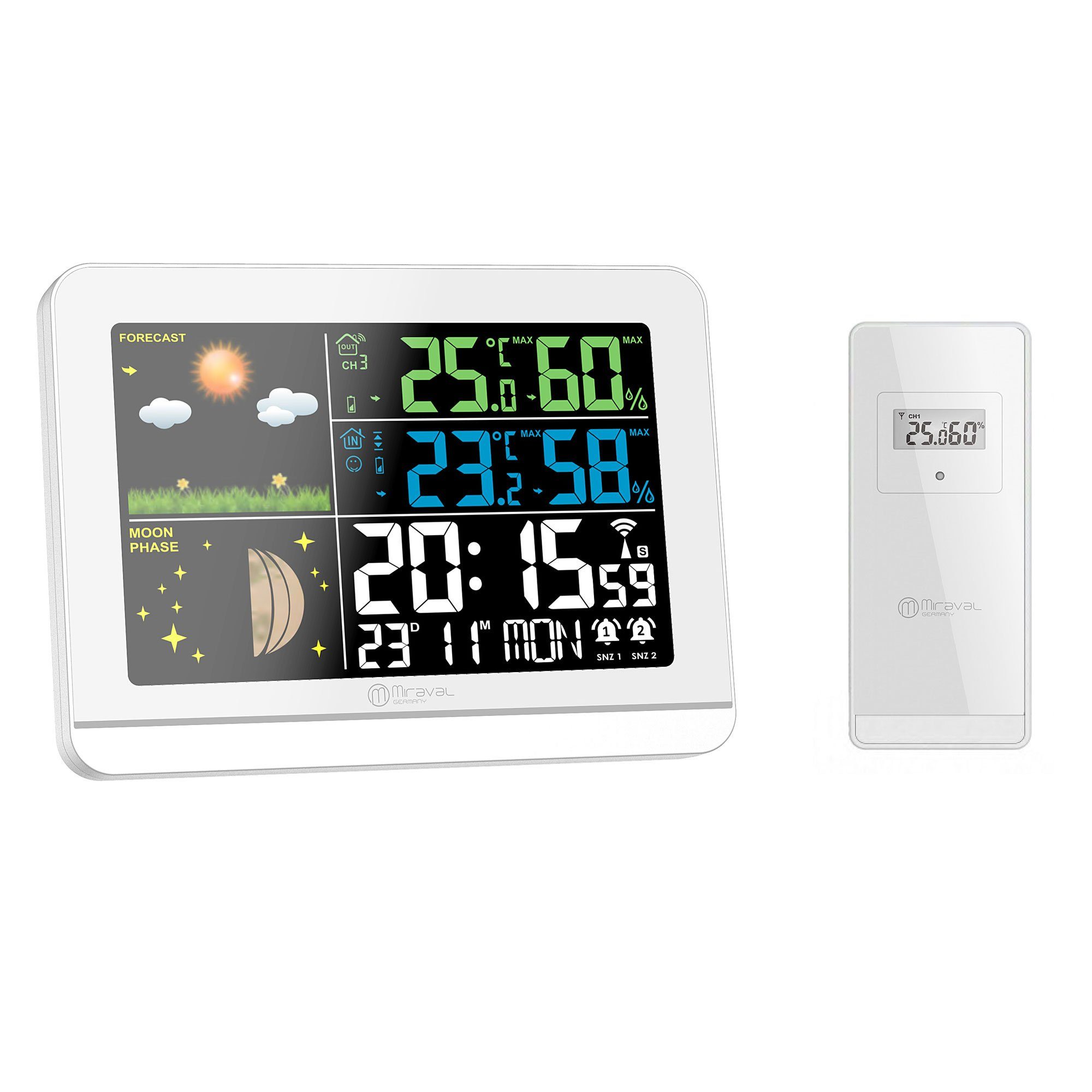 Miraval Miraval Wetterstation Farbdisplay Funkwetterstation (Außensensor Schimmelwarner Datumsanzeige Mondphase Frostalarm Wecker)