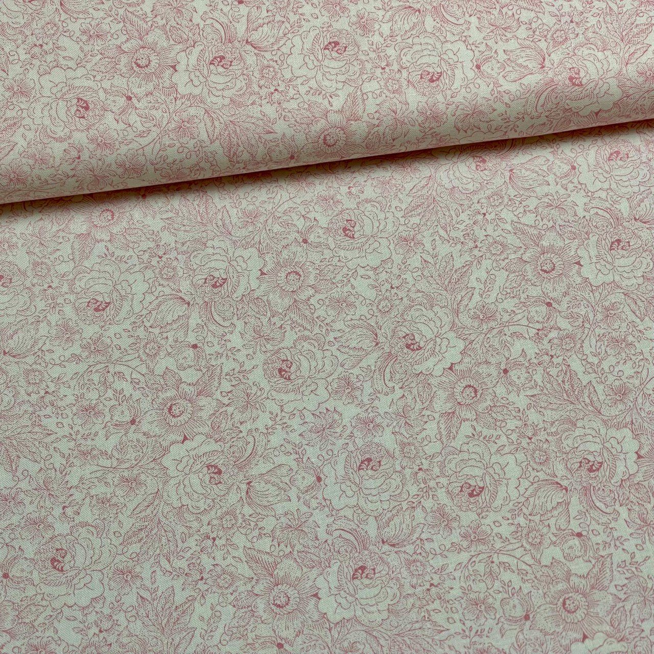 H-Erzmade Stoff Patchwork Baumwollstoff Filigrane Blumen weiß/rosa