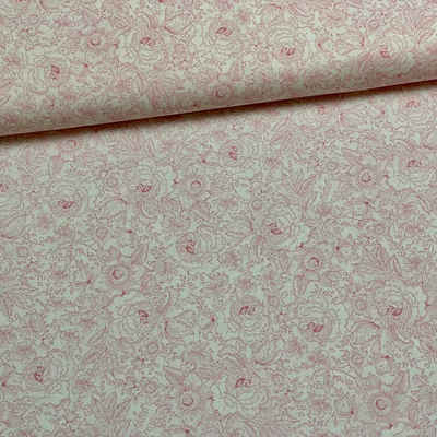 H-Erzmade Stoff Patchwork Baumwollstoff Filigrane Blumen weiß/rosa