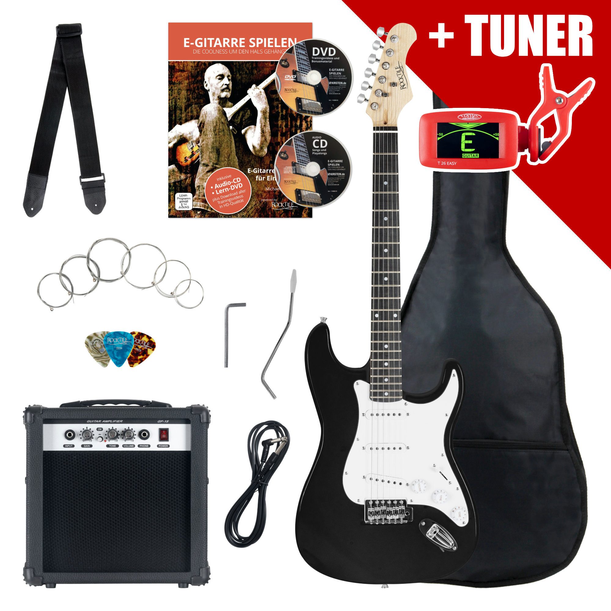 Rocktile E-Gitarre ST-Pack Komplettset E-Gitarre - Ideal für kommende Gitarren-Stars!, Komplettset, inkl. 10 Watt (RMS) Verstärker und Stimmgerät