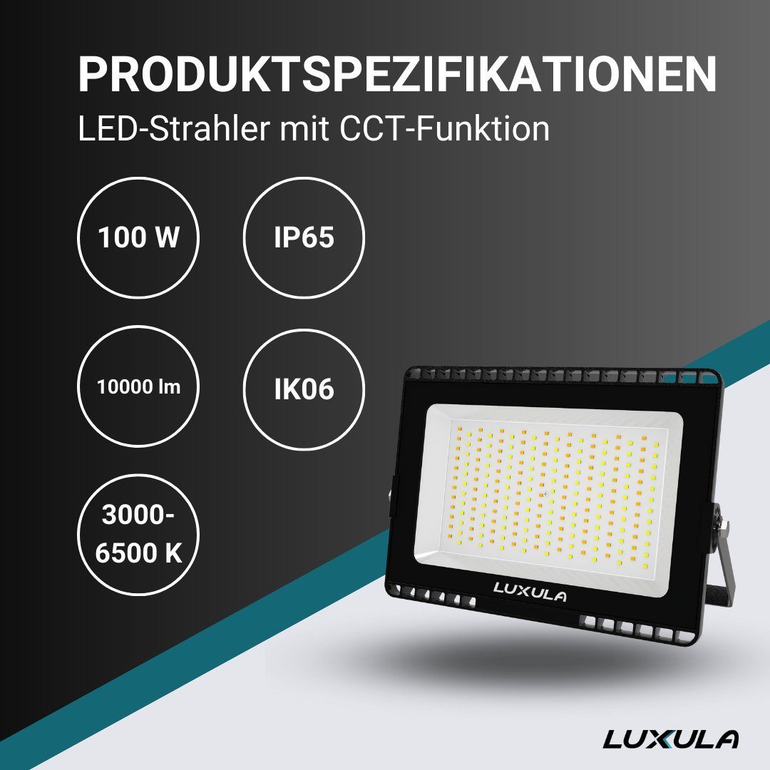 LUXULA LED Flutlichtstrahler LED CCT Fluter, 100 W, warm-, neutral-, kaltweiß, 10000 lm, IP65, LED fest integriert, warmweiß, neutralweiß, Tageslichtweiß, kaltweiß