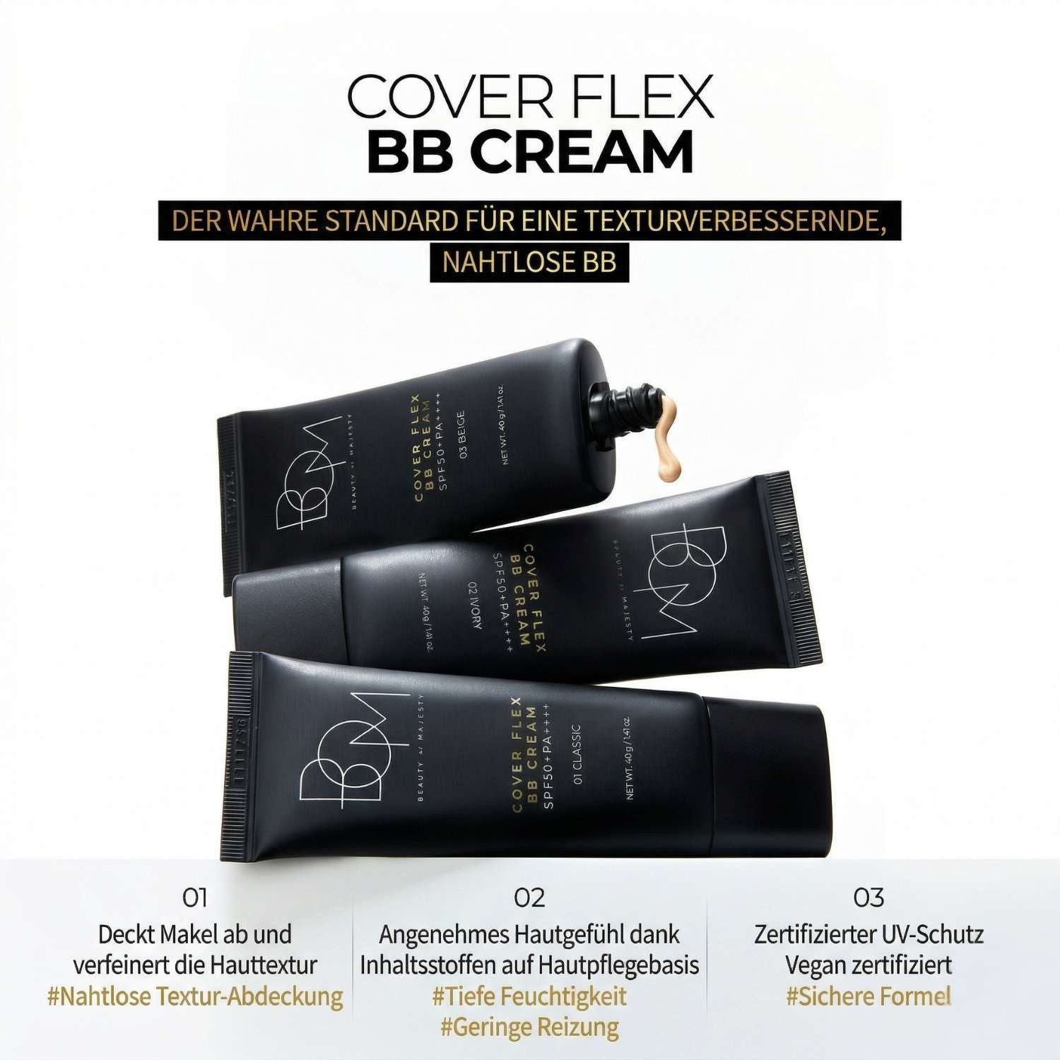 Beauty of Majesty BB-Creme Cover Flex BB Cream SPF50+ PA++++ 03 Beige 40g – Koreanische BB Cream mit Sonnenschutz, Hyaluronsäure & nahtloser Deckkraft –, Vegan – K-Beauty Make-up