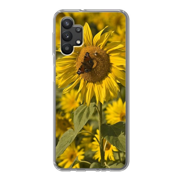 MuchoWow Handyhülle Tagpfauenauge Schmetterling auf einer Sonnenblume Handyhülle Samsung Galaxy A32 5G Smartphone-Bumper Print Handy