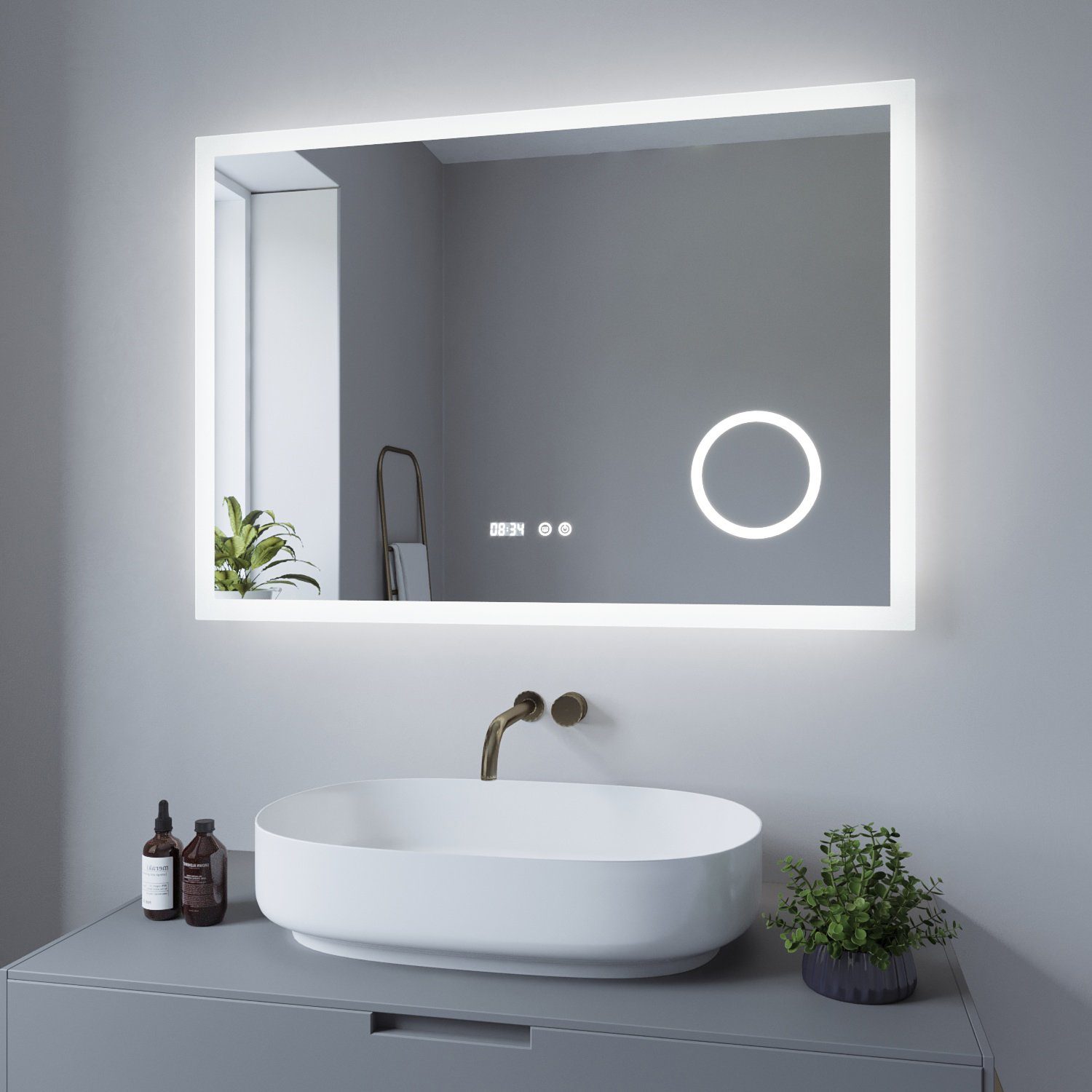 AQUALAVOS Kosmetikspiegel Badspiegel mit Beleuchtung LED kaltweiß mit Touch  Schalter Wandspiegel, 100x70 cm 120x60 cm, IP44 wasserdichte LED-Leiste,  3-Fach Vergrößerung