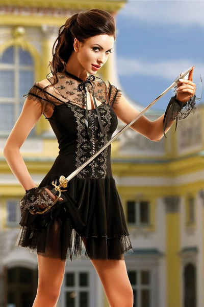Hamana Negligé 3-tlg. Milady Kostüm Dessous Outfit in schwarz gold, Made in EU
