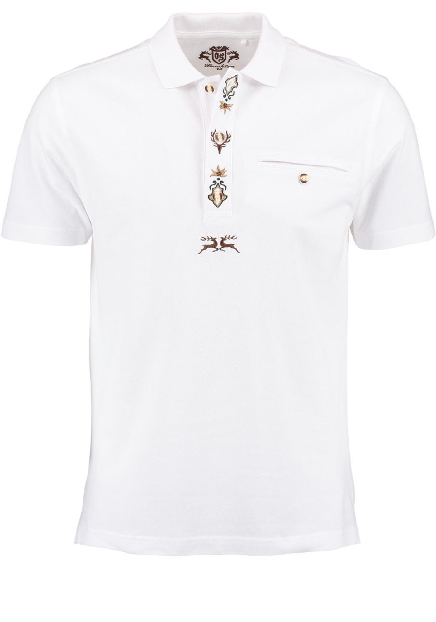 OS-Trachten Poloshirt Esoqo Kurzarm Stickereien der weiß Knopfleiste Jagdshirt auf mit