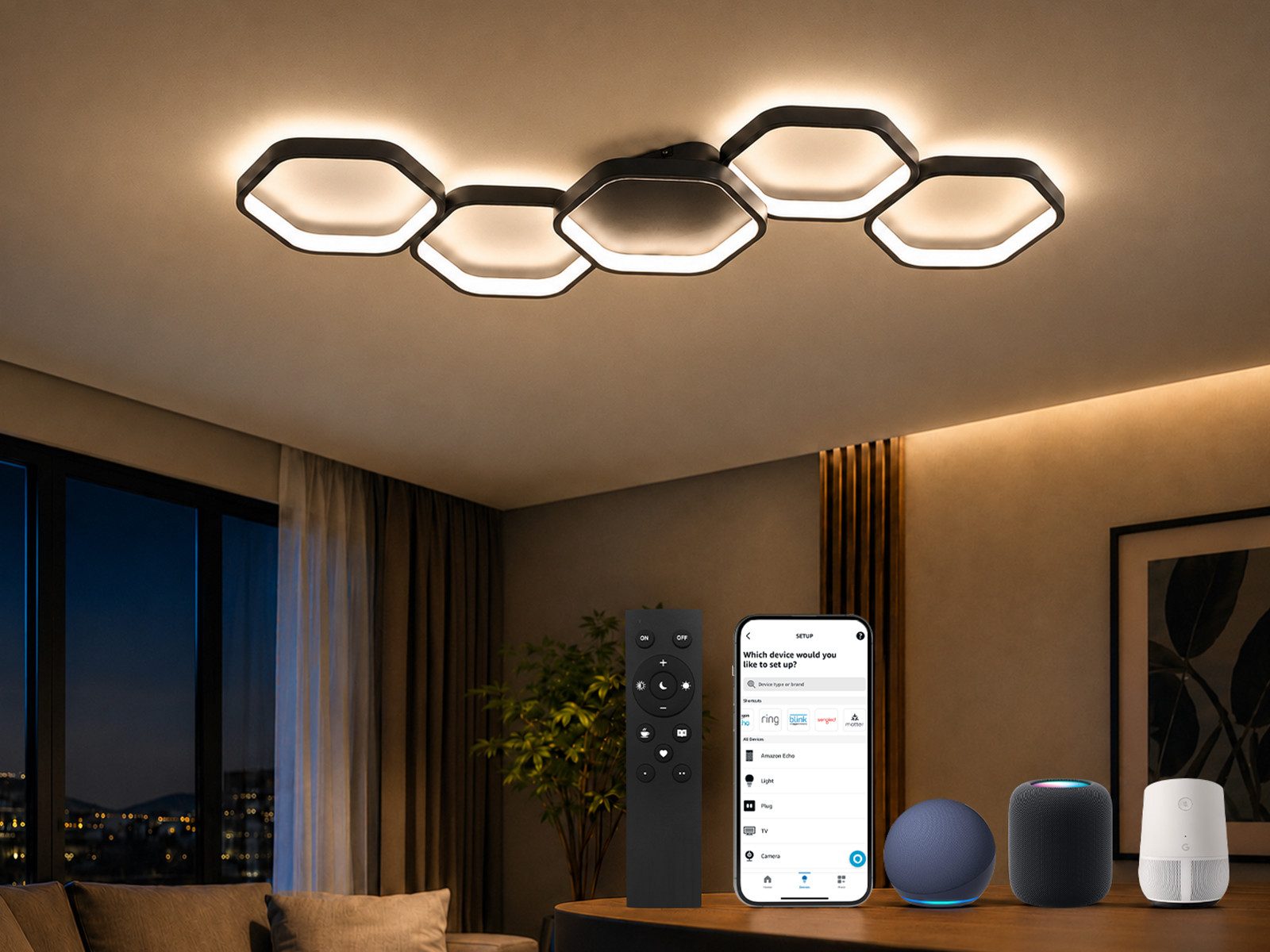 BAYHT LED Deckenleuchte Alexa Waben 90cm, LED fest integriert, Warmweiß - Kaltweiß, Schwarz dimmbar