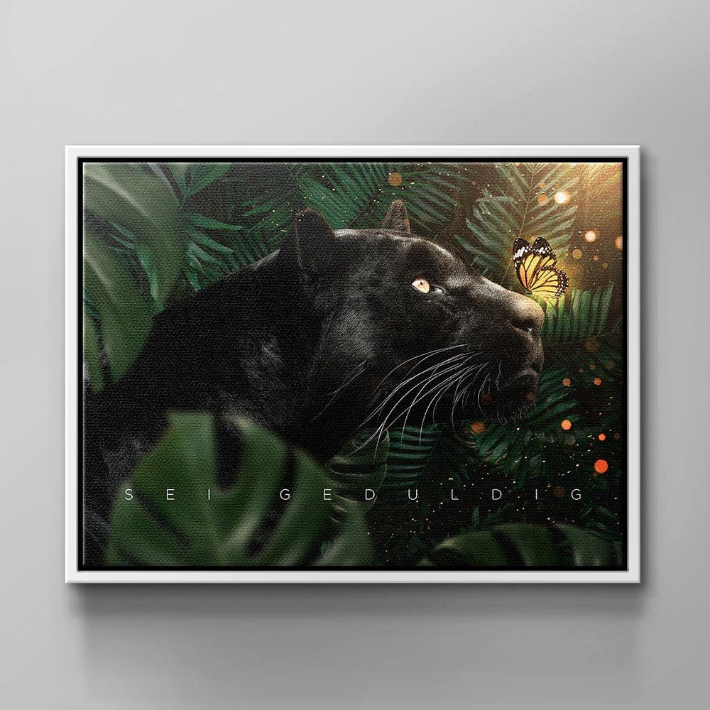 DOTCOMCANVAS® Leinwandbild BE CURIOUS, Deutsch, Wandbild Motivation Tier schwarzer Panther Schmetterling Dschungel g weißer Rahmen | Leinwandbilder