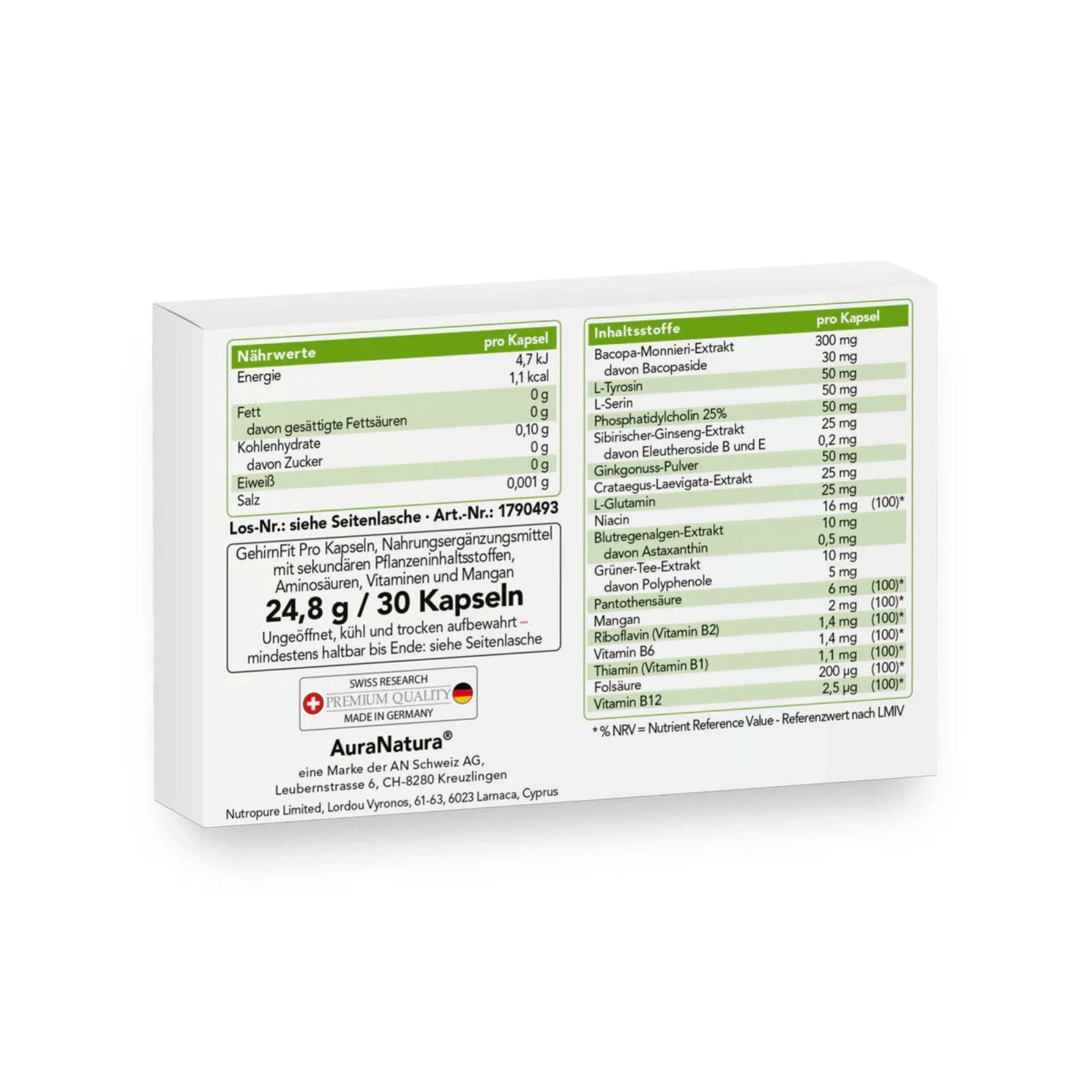 Aura Natura GehirnFit Pro - für Konzentration mit Astaxanthin & Bacopa Monnieri Kapseln