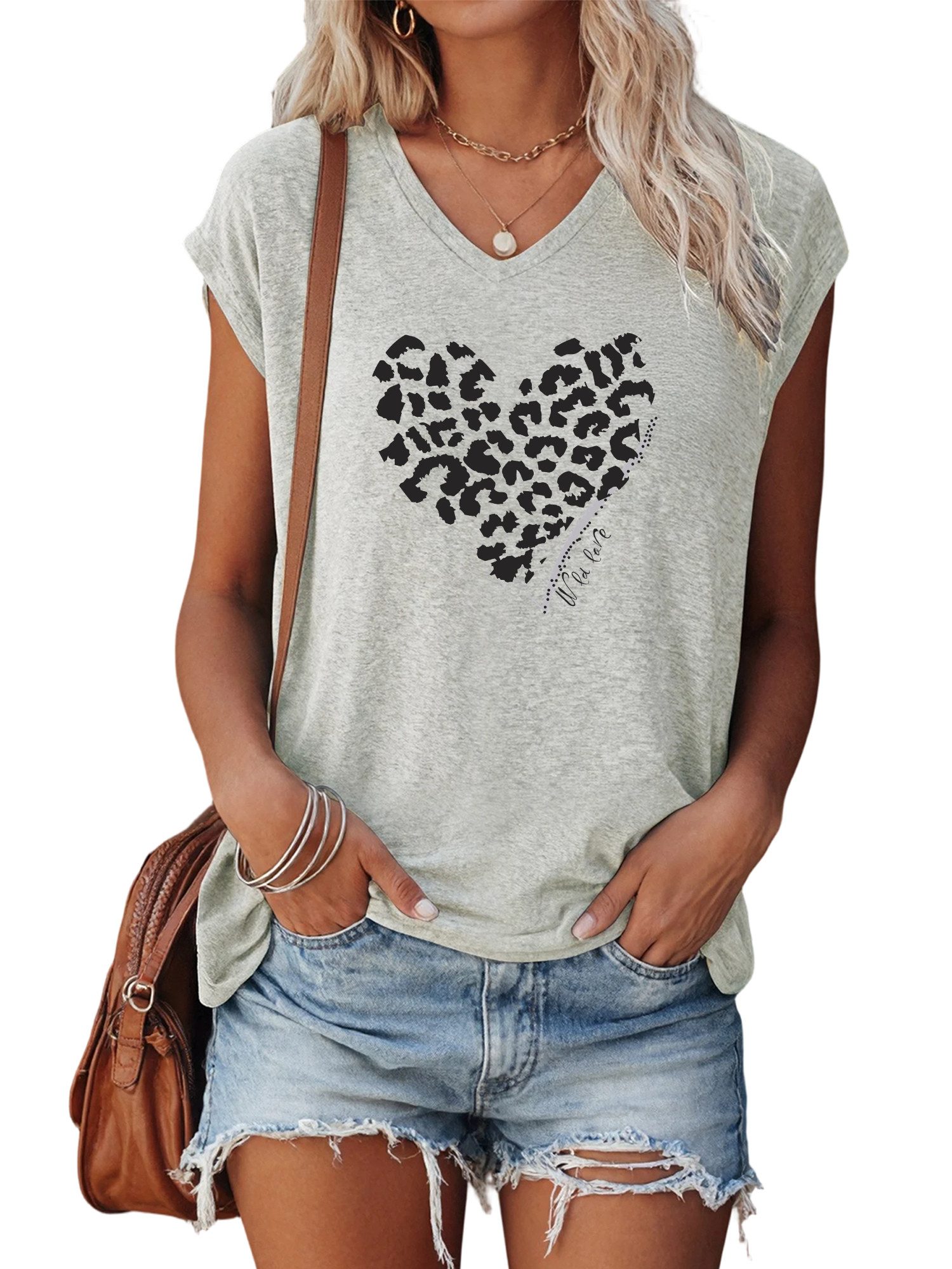 PYLIKE V-Shirt Damen Sommer Casual bequemes Achselhemd mit Liebe Print-Shir günstig online kaufen