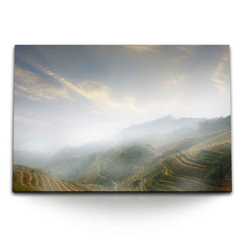 Sinus Art Leinwandbild 120x80cm Wandbild auf Leinwand Chinesische Berglandschaft Reisfelder N, (1 St)