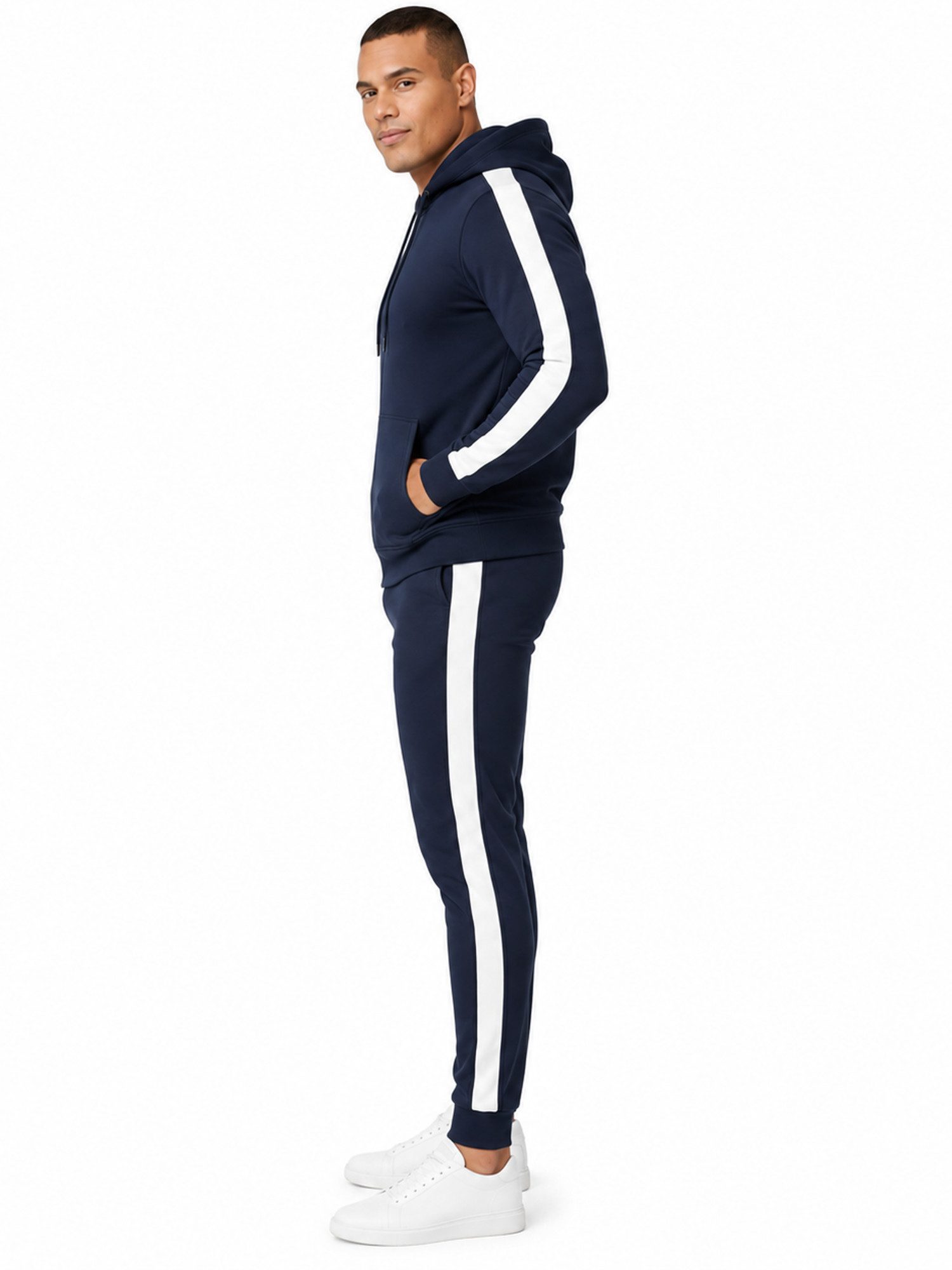 L.gonline Freizeitanzug Herren Jogginganzug zweifarbig sportlich mit Streifen, 526 (Kapuzenjacke mit Reißverschluss, Hose, 2-tlg), Fitness Freizeit Casual – Bild 4 von 5