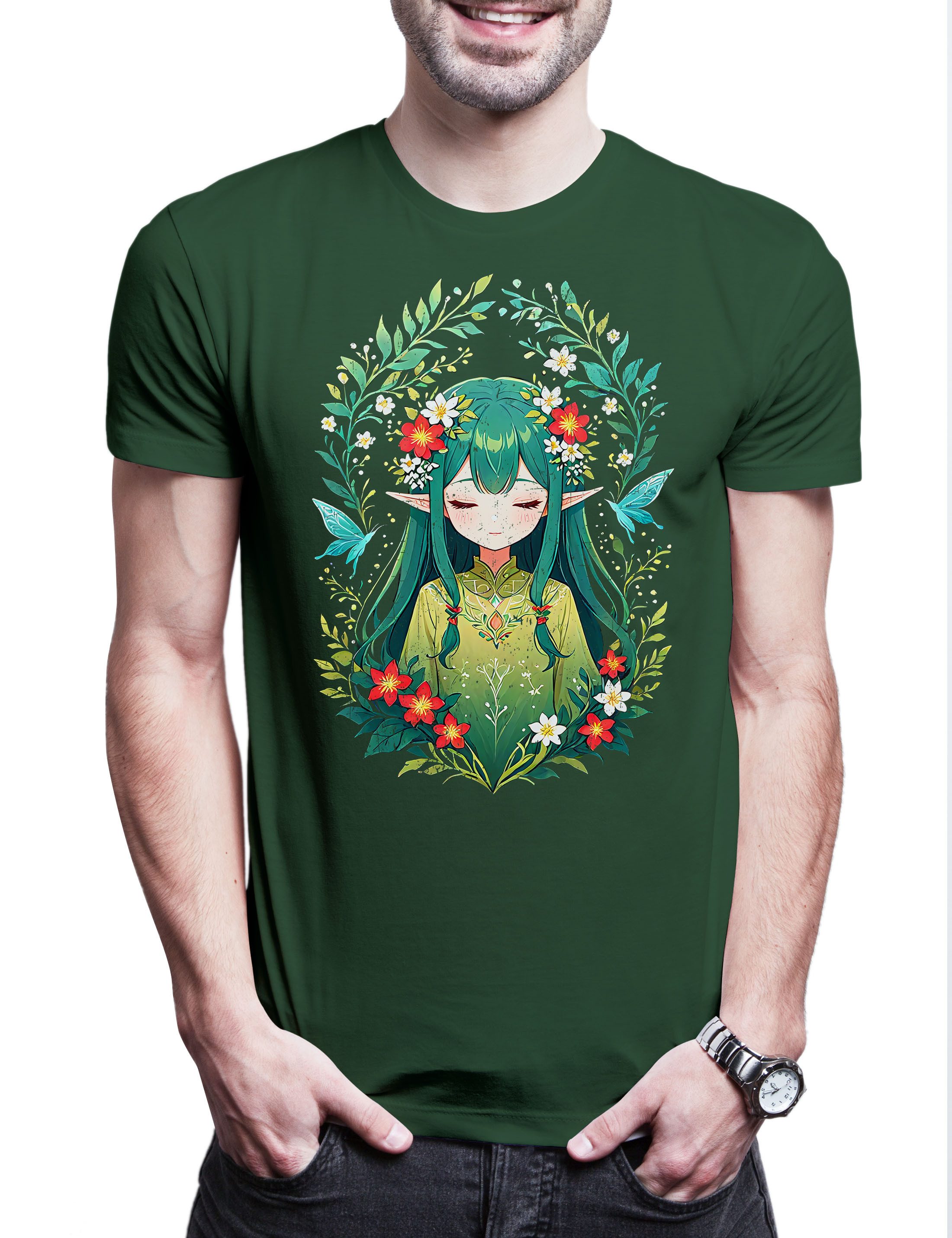Urban Backwoods Print-Shirt Wood Elf Herren T-Shirt Art Nouveau Fantasy Elves Elfen Fairy Fairies (1-tlg) Lord RPP Dungeons Role