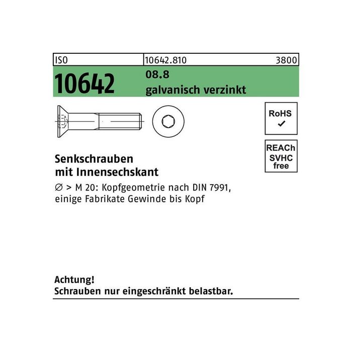 Senkschraube Senkschraube ISO 10642 Innensechskant M 6 x 75 8.8 galvanisch verzinkt
