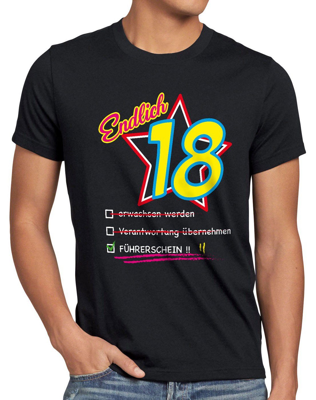 Fun Party style3 Print-Shirt achtzehn Herren volljährig T-Shirt Geburtstag Führerschein 18 schwarz Endlich