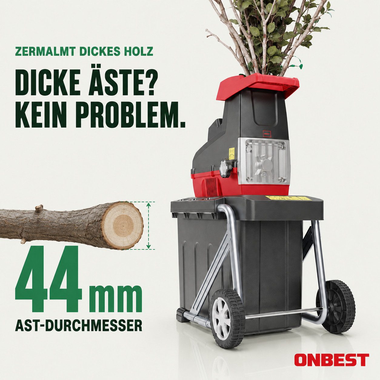 Onbest Messerhäcksler RS2844 mit Stopfer, 2800W, 60L Fangbox, 4,4 cm max. Astdurchmesser, Rücklauf, Selbsteinzug