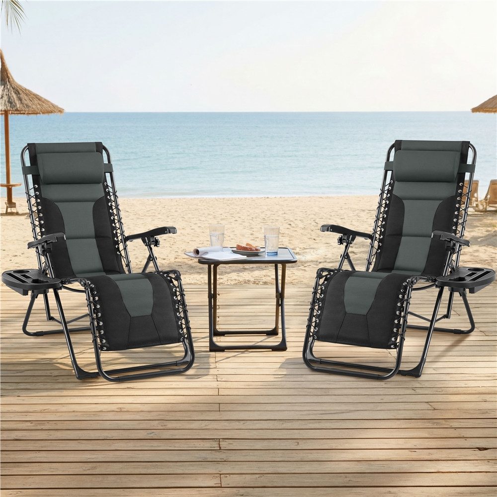 Yaheetech Gartenliege Zero-Gravity-Liegestuhl 64 cm B Klappbar & Tragbar, Klappstuhl mit Auflage & Becherhalter & Kopfkissen
