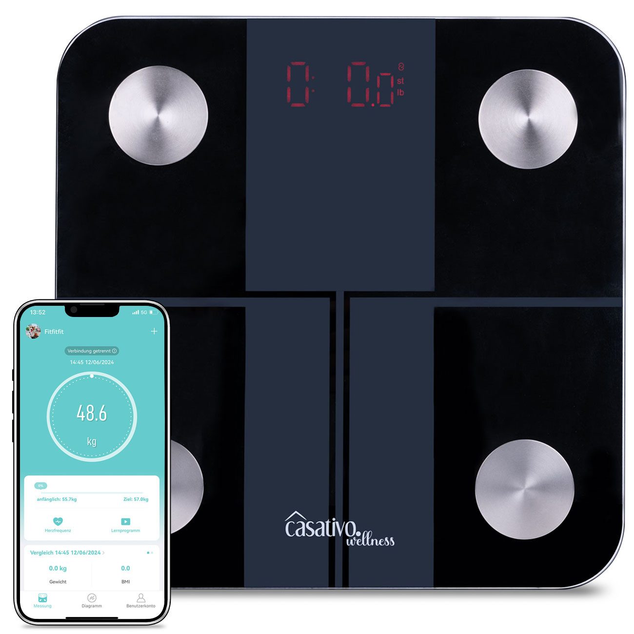 Casativo Körper-Analyse-Waage Digitale 14in1 Personenwaage mit grossem LED Display, aus Glas, Bluetooth & App, max. 180 kg