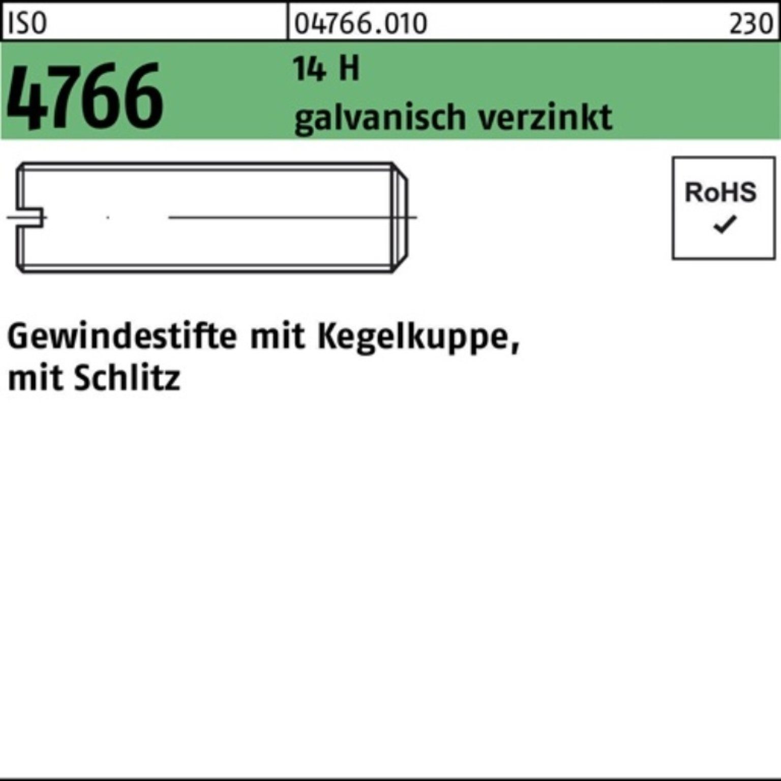 ISO Gewindestift Kegelkuppe/Schlitz H 14 Gewindebolzen 4766 galv.v 100er Reyher Pack M12x40