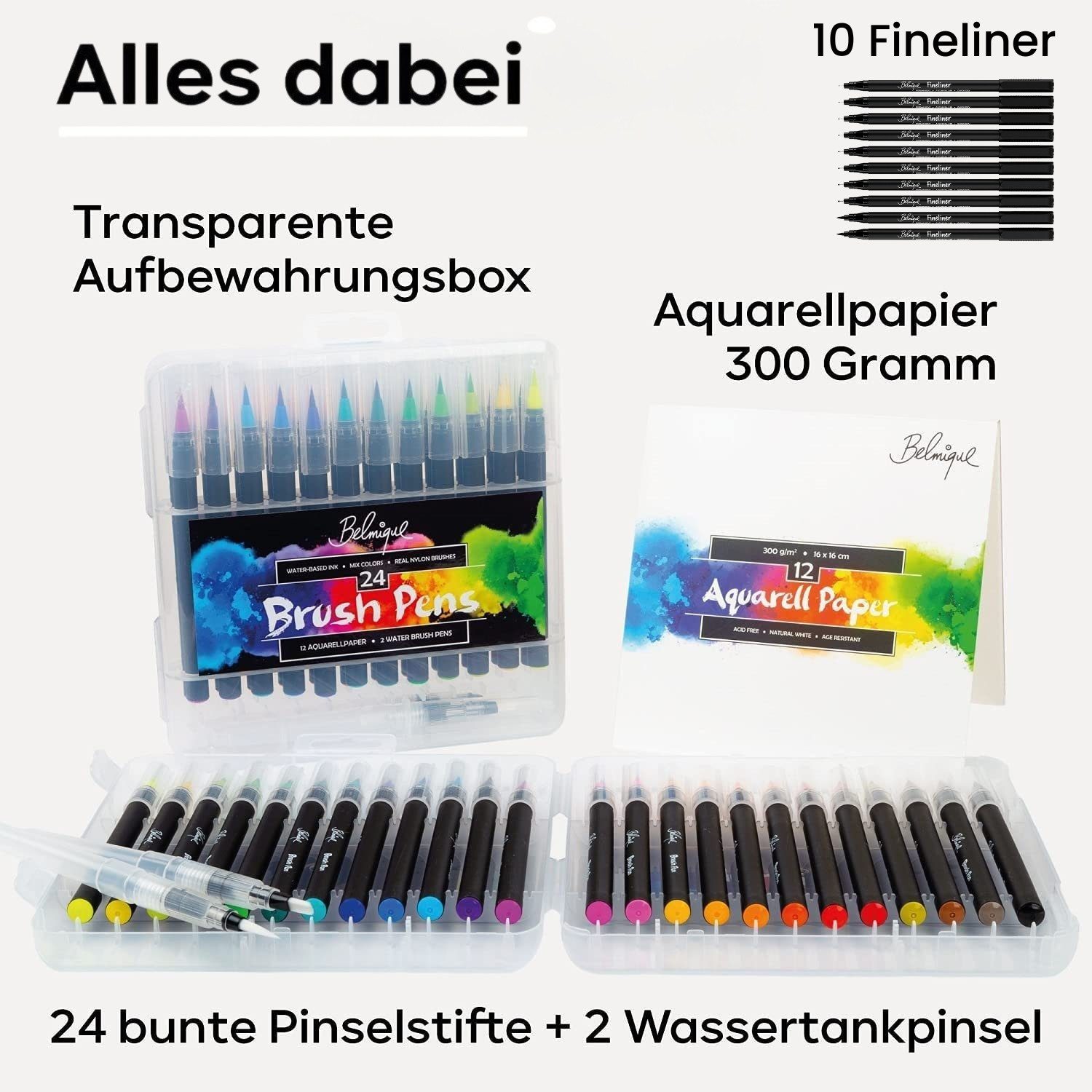 Belmique Aquarellstifte Brush Pens XXL-SET, (Set, 48-tlg., 38 SET), + 10 wasserfeste Fineliner – Bild 5 von 5