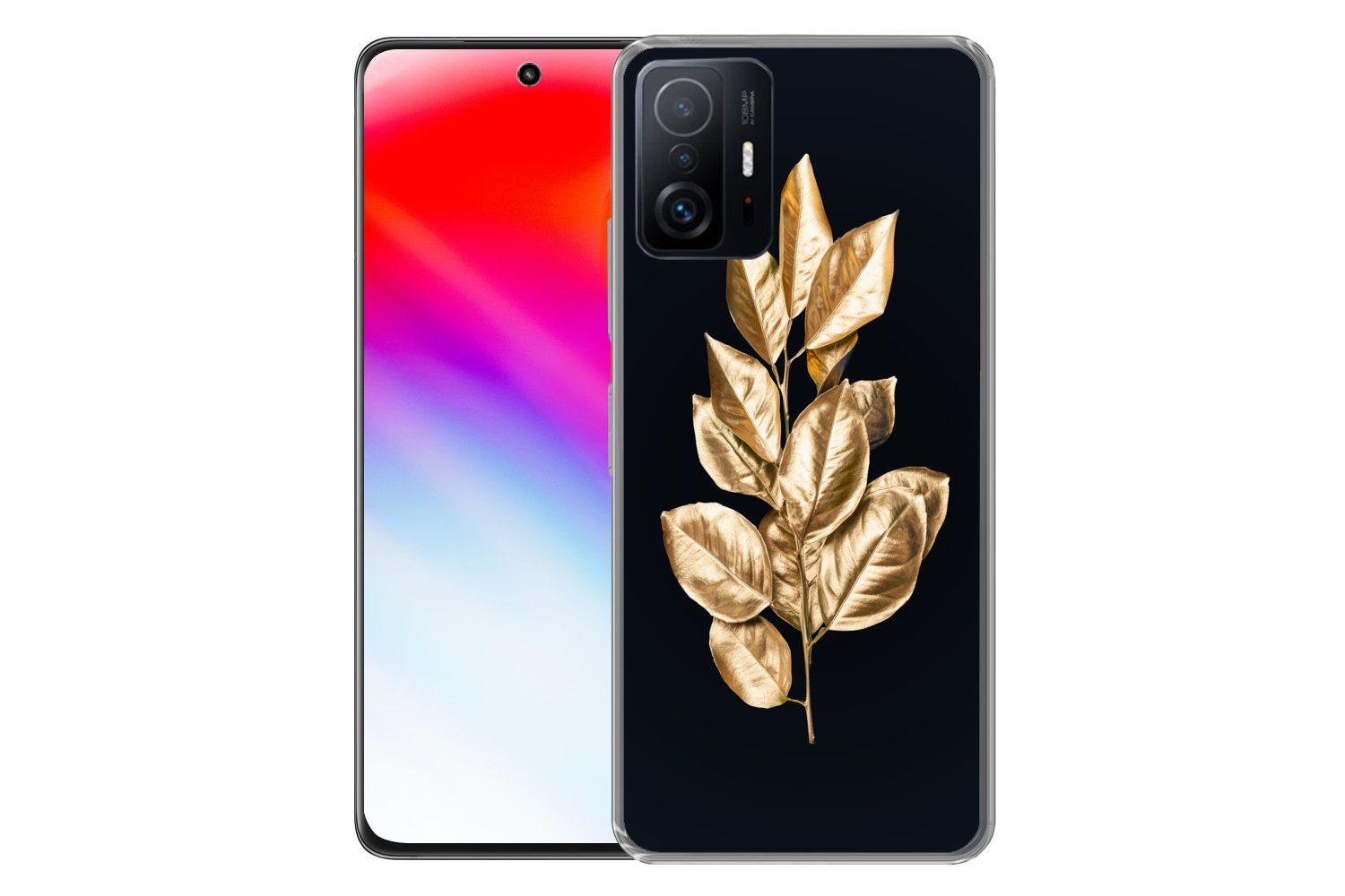 MuchoWow Handyhülle für Xiaomi 11 Lite 5G NE Pflanze - Blätter - Gold - Schwarz - Luxus, Phone Case, Silikon, Schutzhülle Dünn