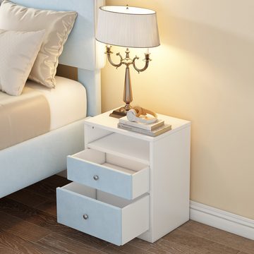 DOPWii Nachtkommode Nachttisch mit 2 Schubladen und einem Fach, Holz+Samt,Weiß+Blau, Stauraum im Wohnzimmer und Schlafzimmer