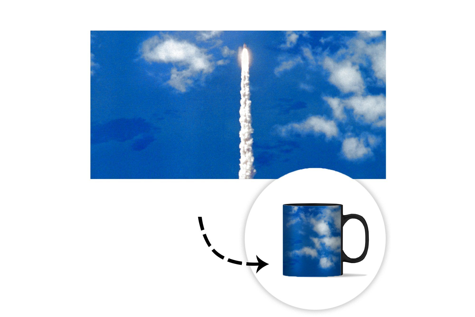 MuchoWow Tasse Eine Luftaufnahme der fliegt, Teetasse, Kaffeetassen, Keramik, die Farbwechsel, Zaubertasse, Raumfähre, in Geschenk den Himmel