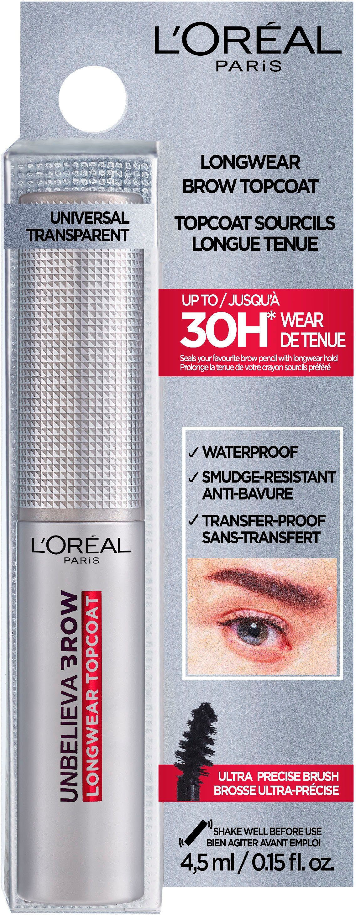 L'ORÉAL Longwear Unbelieva’Brow Augenbrauen-Kosmetika Topcoat, PARIS mit Mascara-Bürste, Augen-Make-Up präziser langanhaltend,