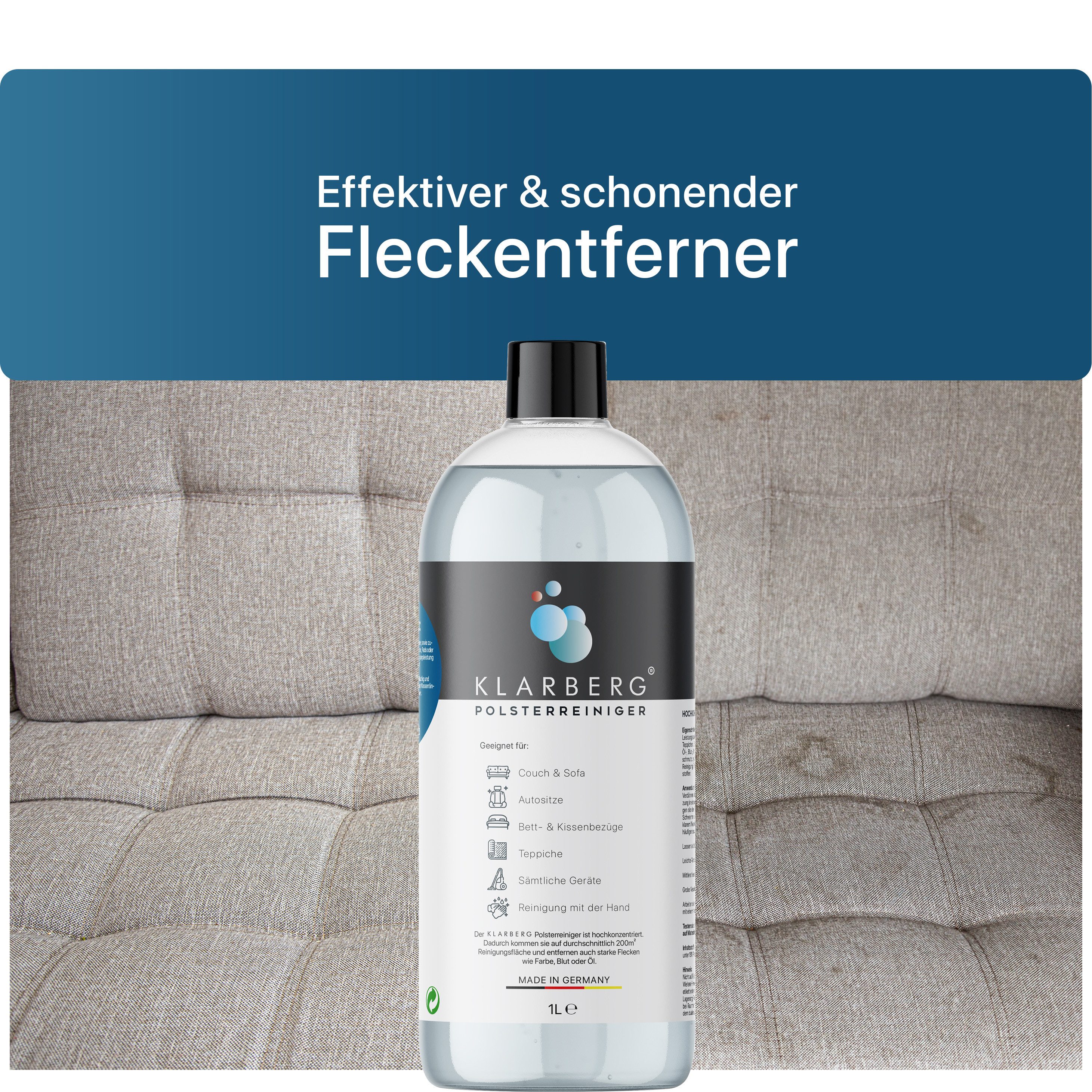Klarberg Waschsauger Polsterreiniger Konzentrat Polsterreiniger (Polsterreiniger für Sofa, Teppich, Autositze, Textilreiniger uvm)